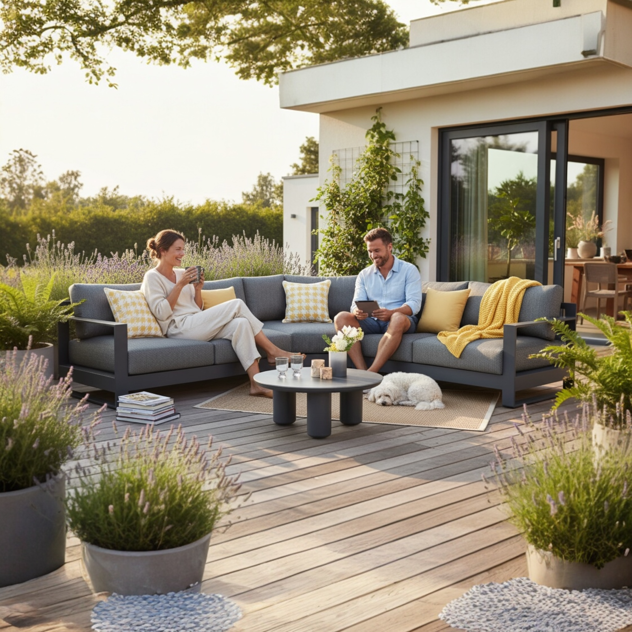 Salon de jardin modulable en aluminium haut de gamme, modules gris avec tissu oléfine Sunproof, table basse ronde céramique.