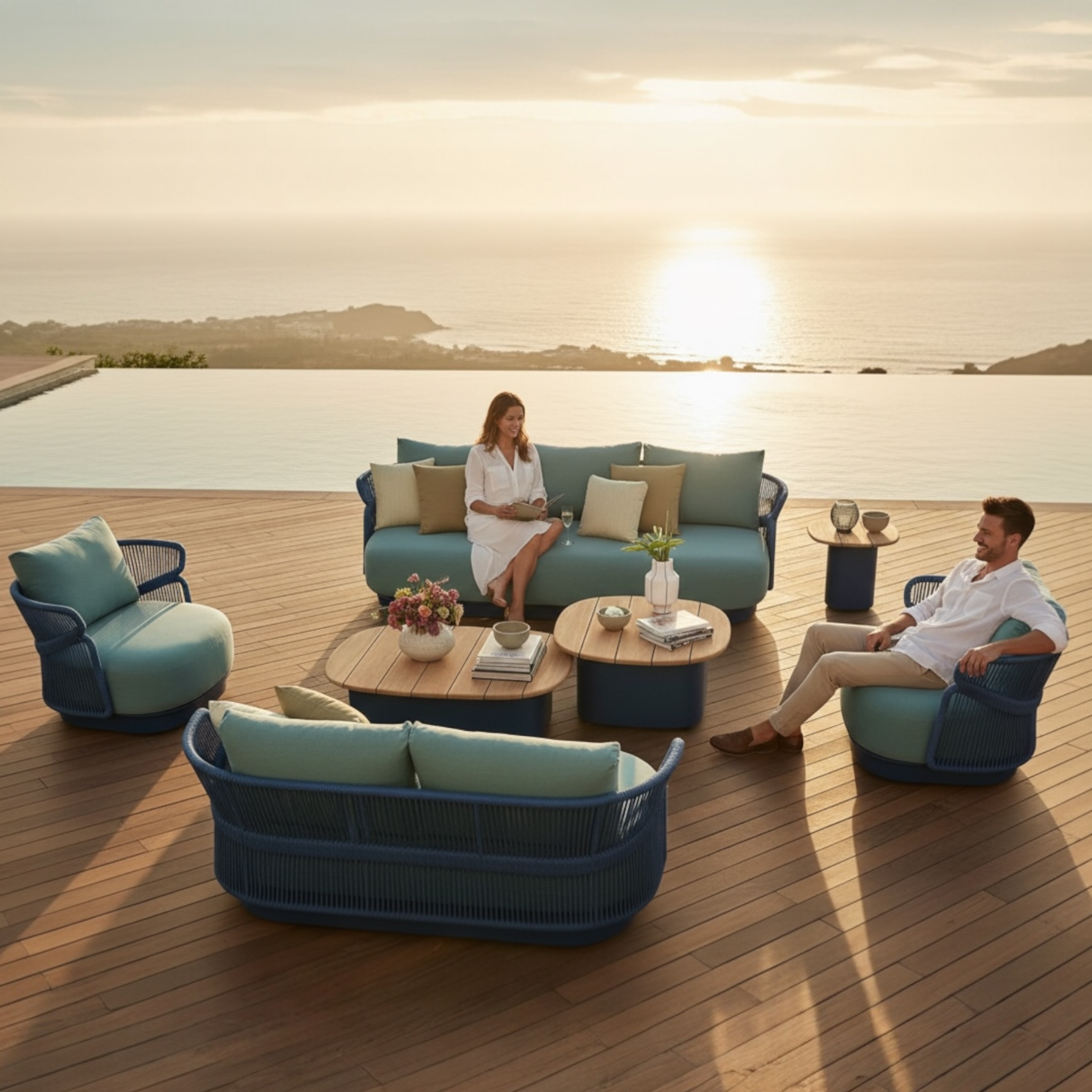 Beau salon de jardin 7 pièces en aluminium et corde tressée bleu