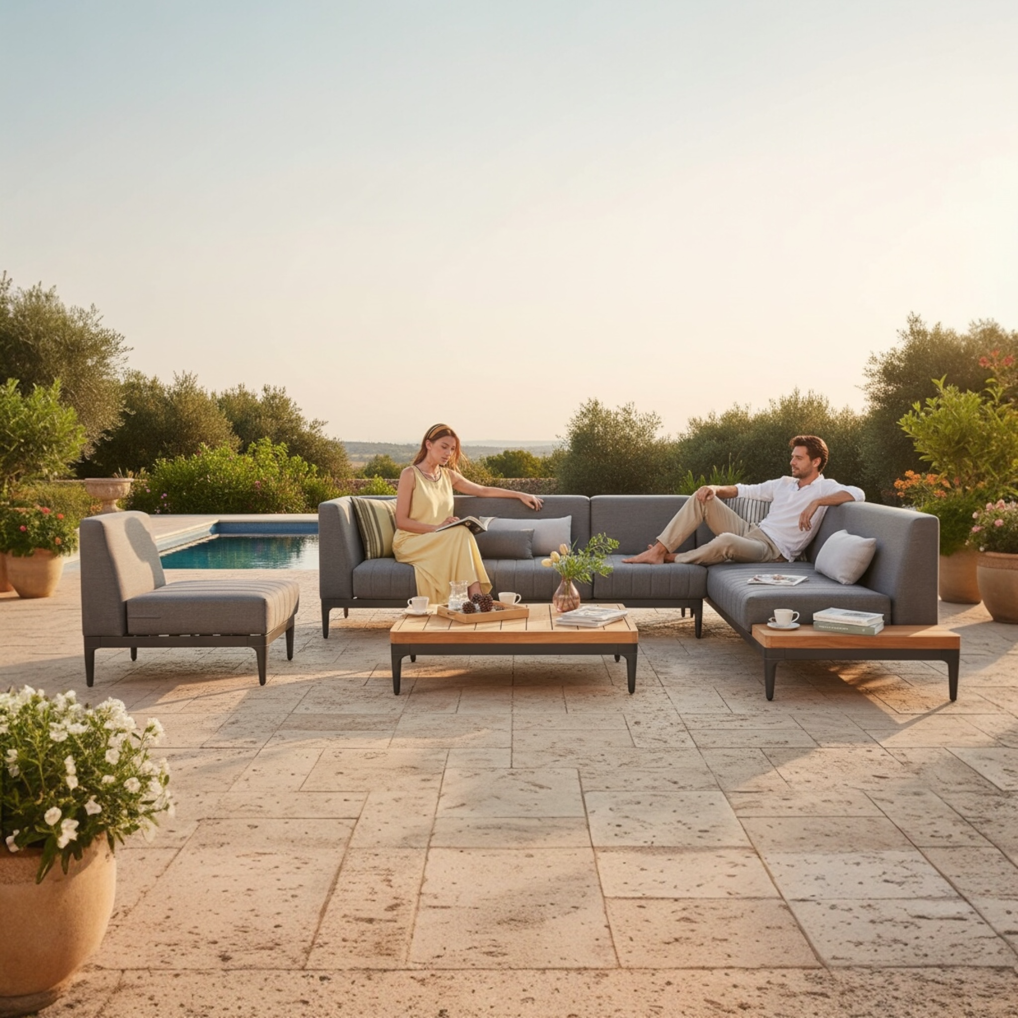 Salon d’angle SIRA en aluminium et teck installé en extérieur, ambiance moderne