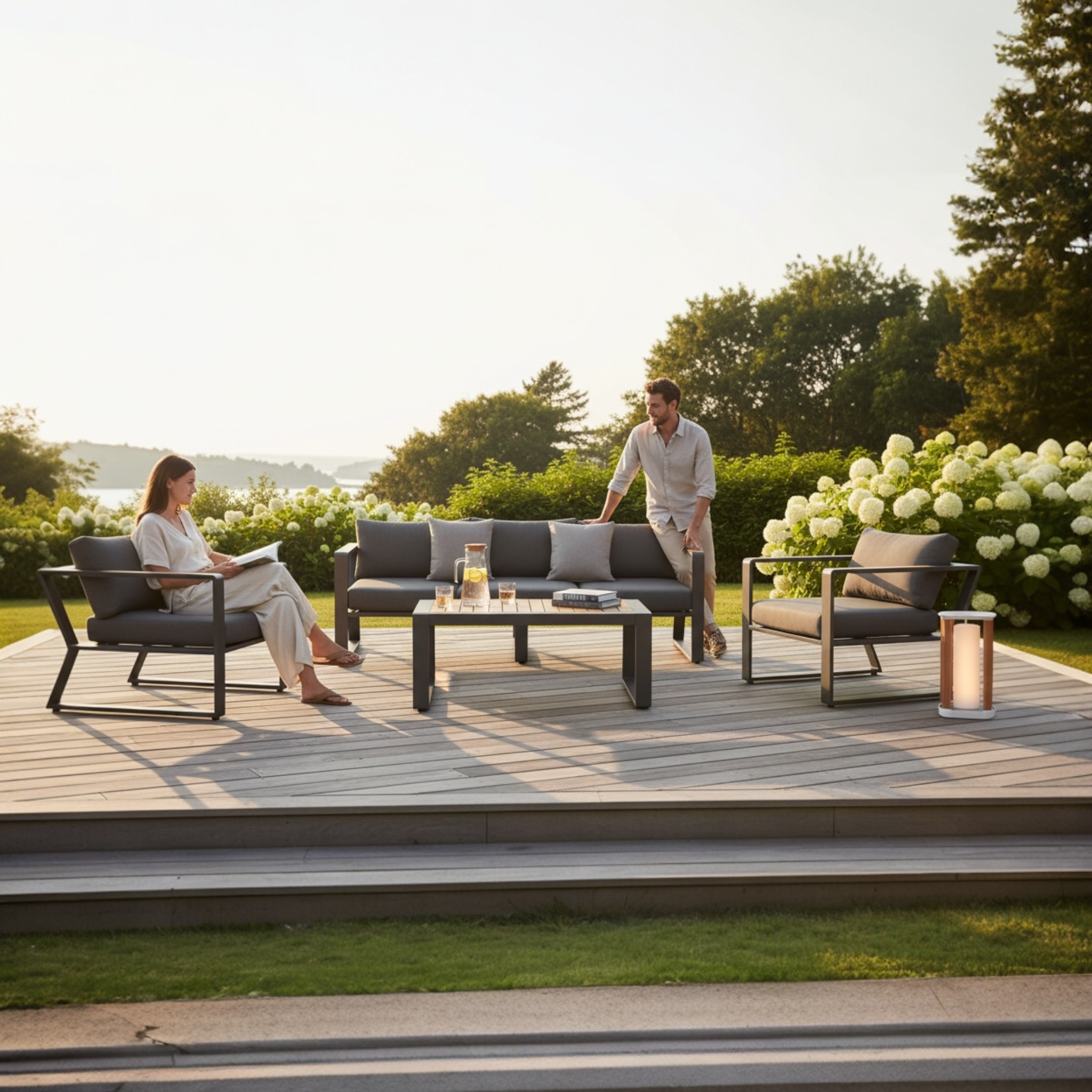 Canapé et fauteuils EXY en aluminium noir et teck, vue d’ensemble