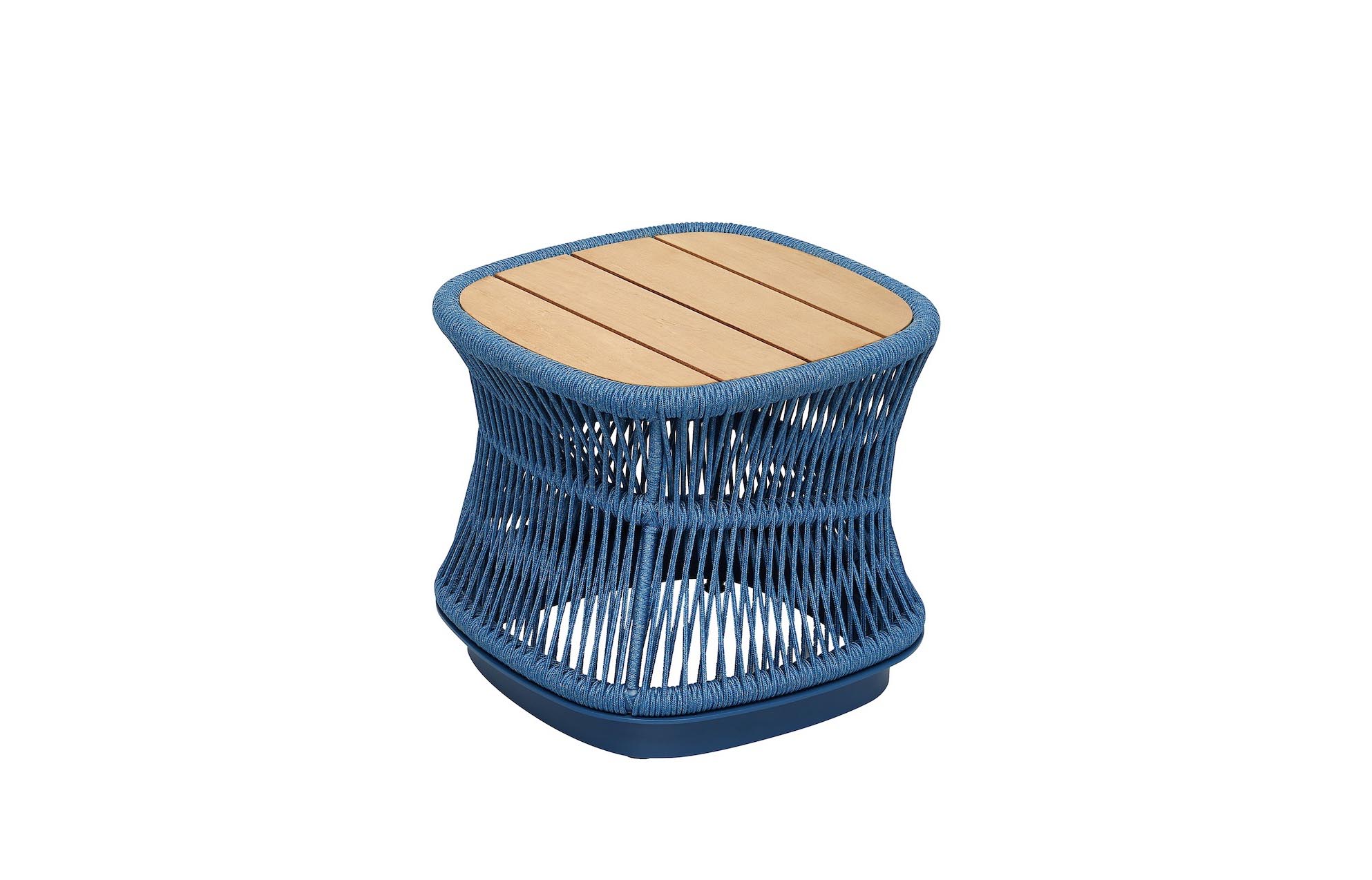 Table d'appoint carrée en corde tressée bleue avec plateau en teck FSC haut de gamme, design luxueux italien, style.