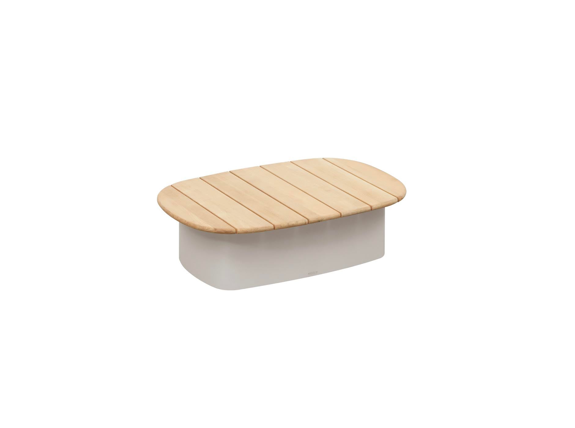 Table basse ovale beige haut de gamme en aluminium avec plateau en teck FSC naturel, design italien élégant.