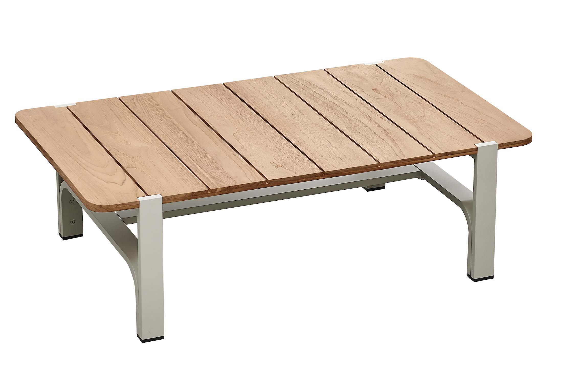 Table basse rectangulaire en teck FSC haut de gamme avec structure en aluminium blanc mat, design épuré et durable.