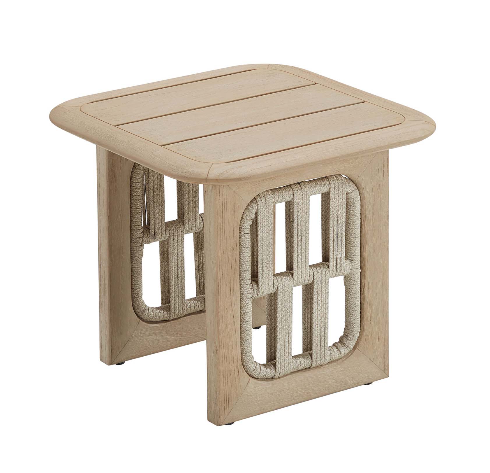 Table d'appoint carrée en teck FSC naturel avec côtés en corde tressée beige, design méditerranéen élégant et durable.