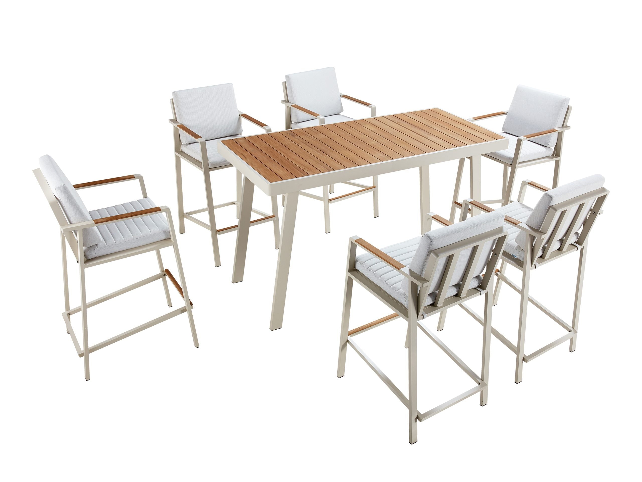 Ensemble de jardin luxe en aluminium haut de gamme et teck FSC, table rectangulaire élégante et six fauteuils avec housses.