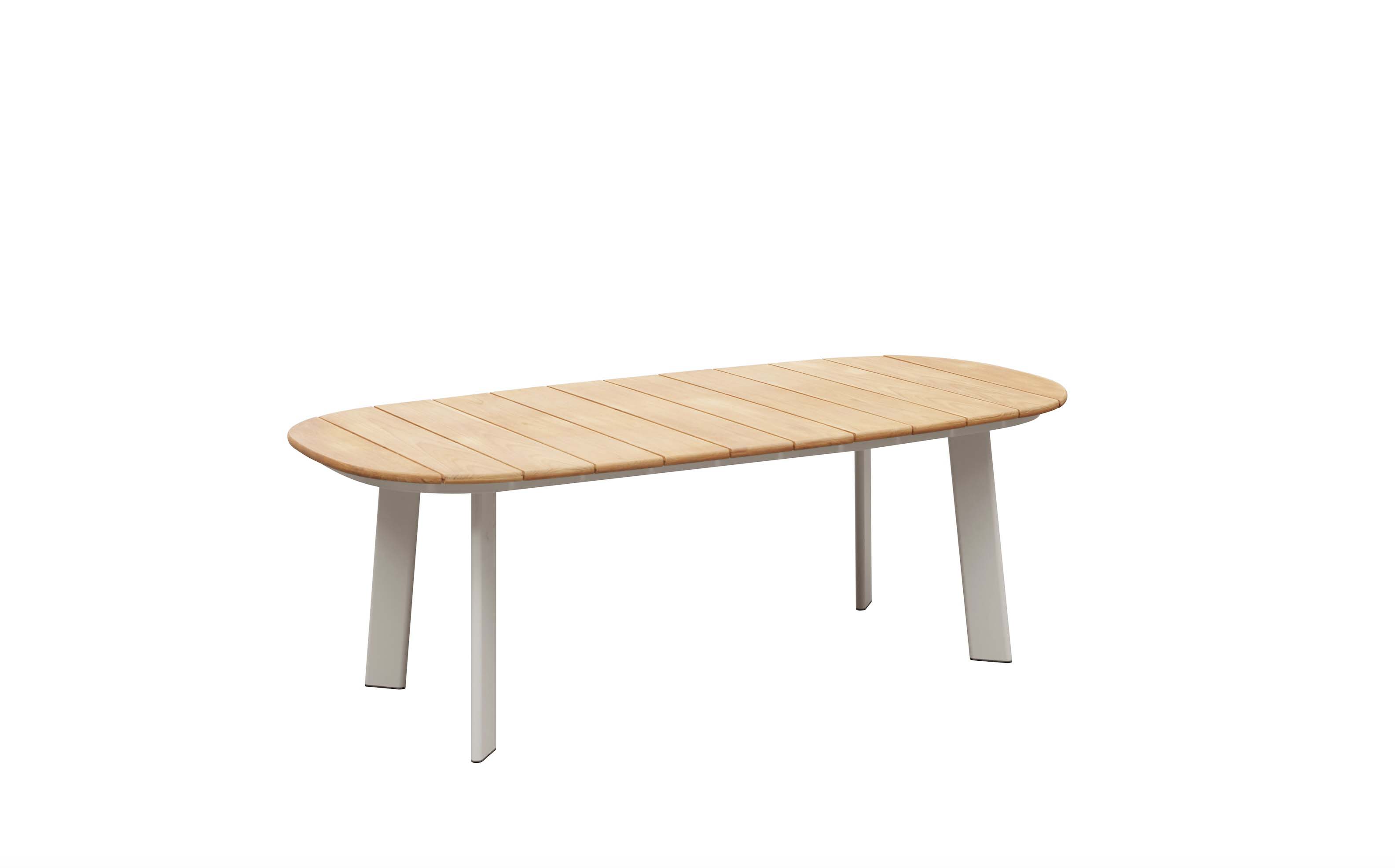 Table ovale haut de gamme en teck FSC avec pieds en aluminium beige et plateau en corde tressée luxueuse style designer.