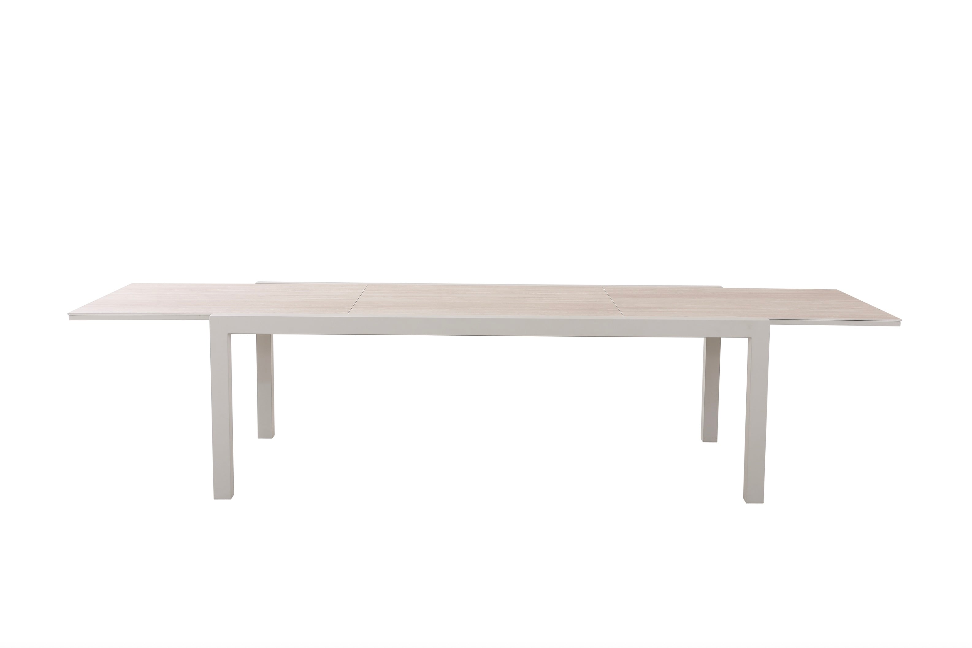Grande table extensible avec rallonge centrale en céramique sur fond blanc