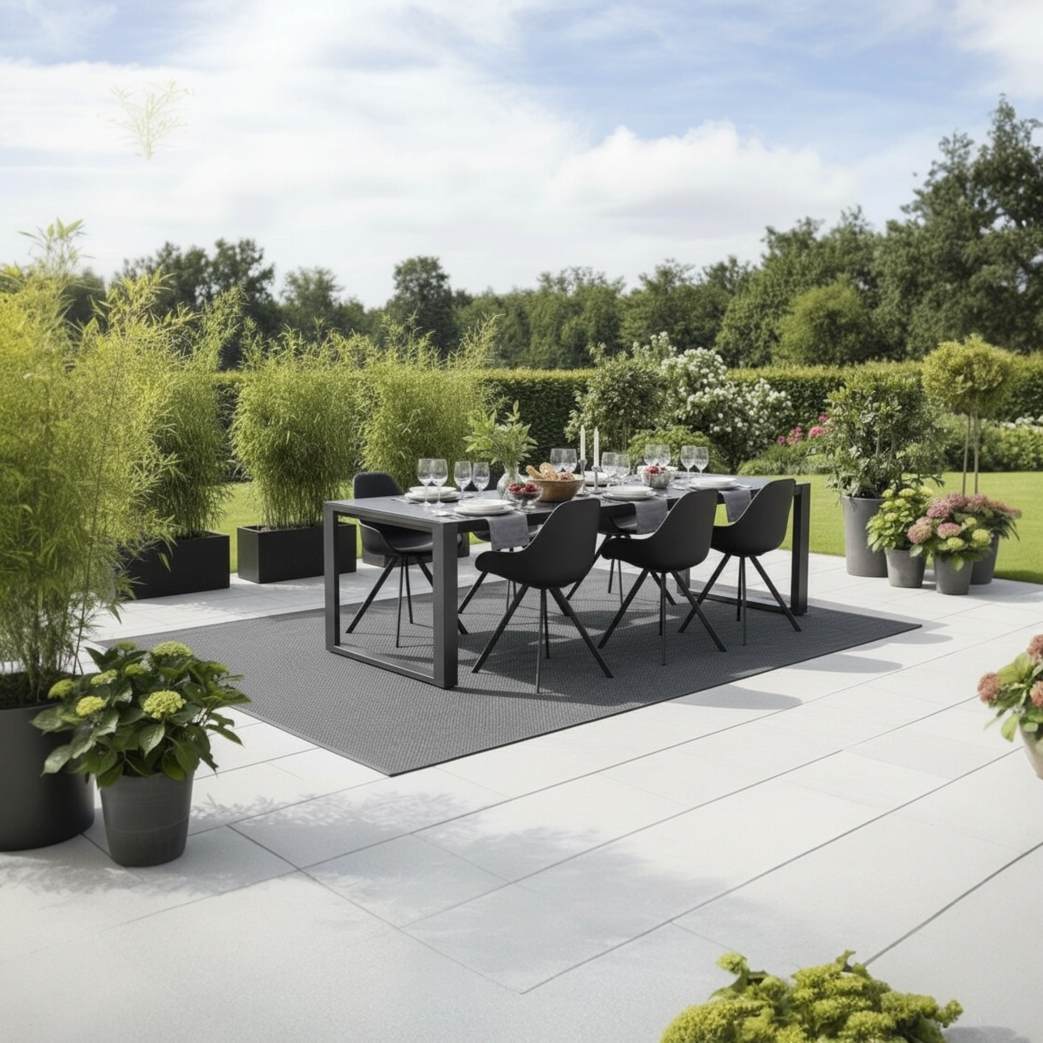 Table de jardin COMO en aluminium haut de gamme noir avec plateau en céramique, design luxe et élégant, entourée de chaises.