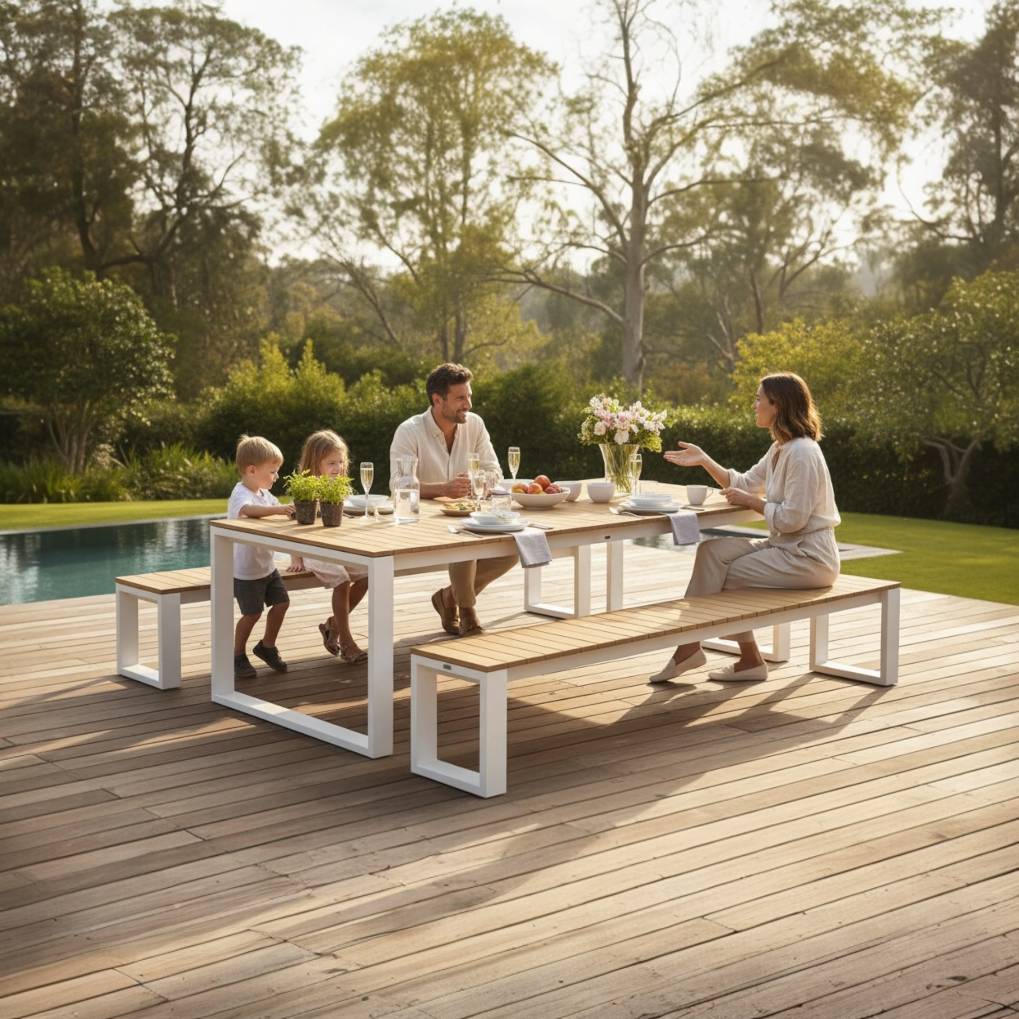 Table de jardin 200 cm en teck FSC au plateau naturel et structure en aluminium haut de gamme blanc.
