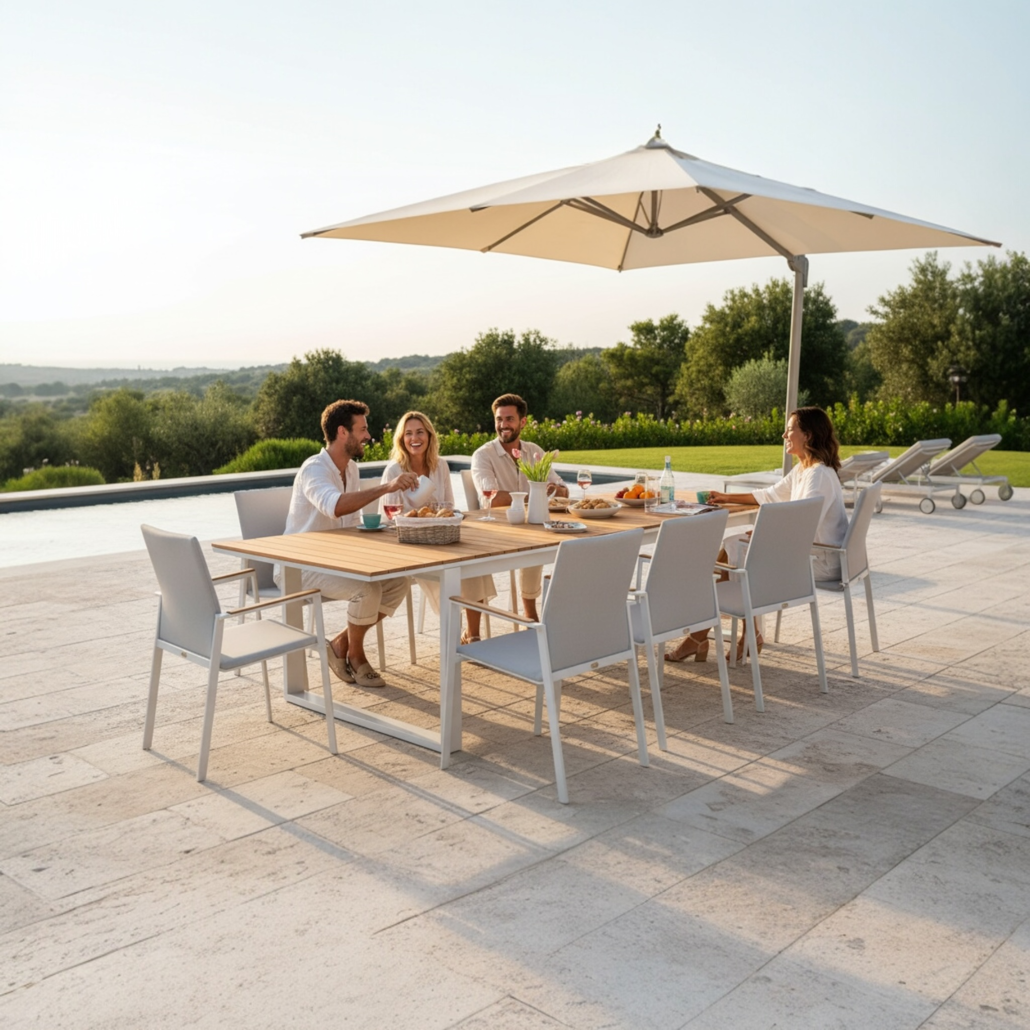 Grande table repas extensible en aluminium haut de gamme et teck FSC, design luxe méditerranéen, chaises blanches.