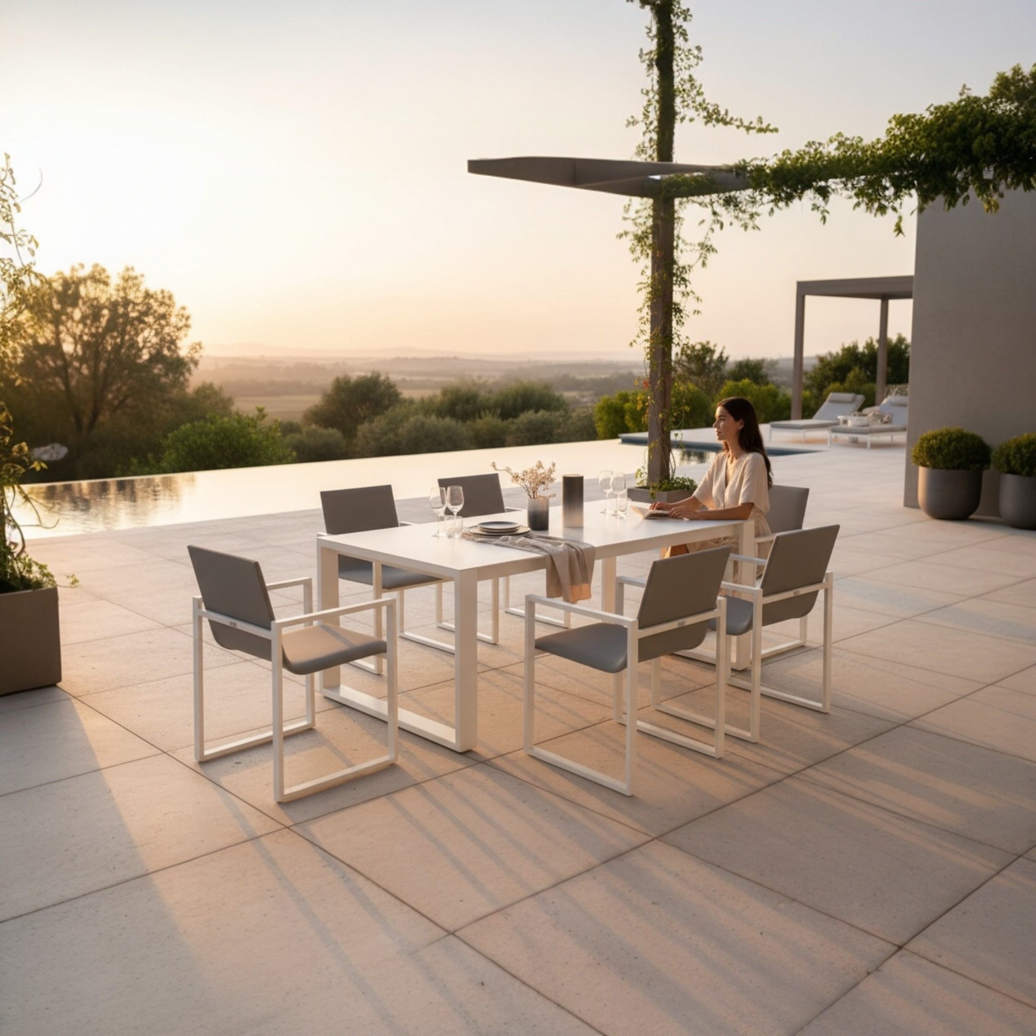 Table de jardin en aluminium haut de gamme blanche avec plateau en céramique, chaises en tissu 100% oléfine gris, housse.