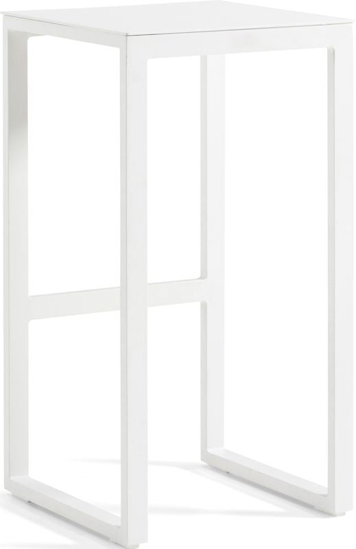 Table bar de jardin en aluminium haut de gamme blanc, design épuré et élégant, pieds carrés robustes, style méditerranéen.