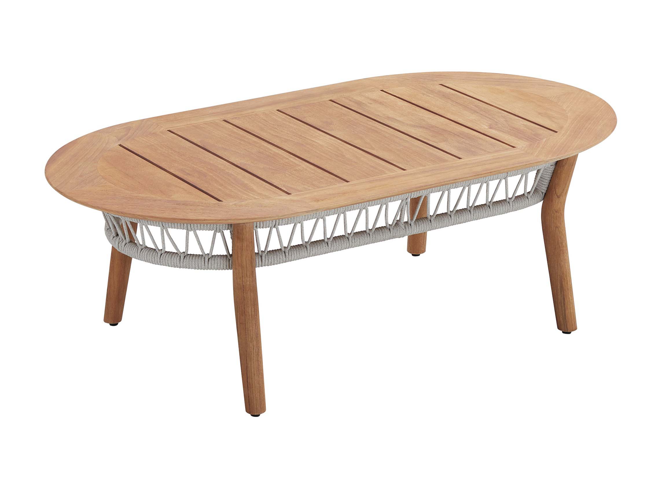 Table basse ovale en teck FSC avec structure en corde tressée déperlante rose, design élégant et durable.