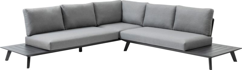Salon de jardin d'angle design avec structure aluminium inoxydable noire, coussins gris en tissu 100% Oléfine déperlant et déhoussable.