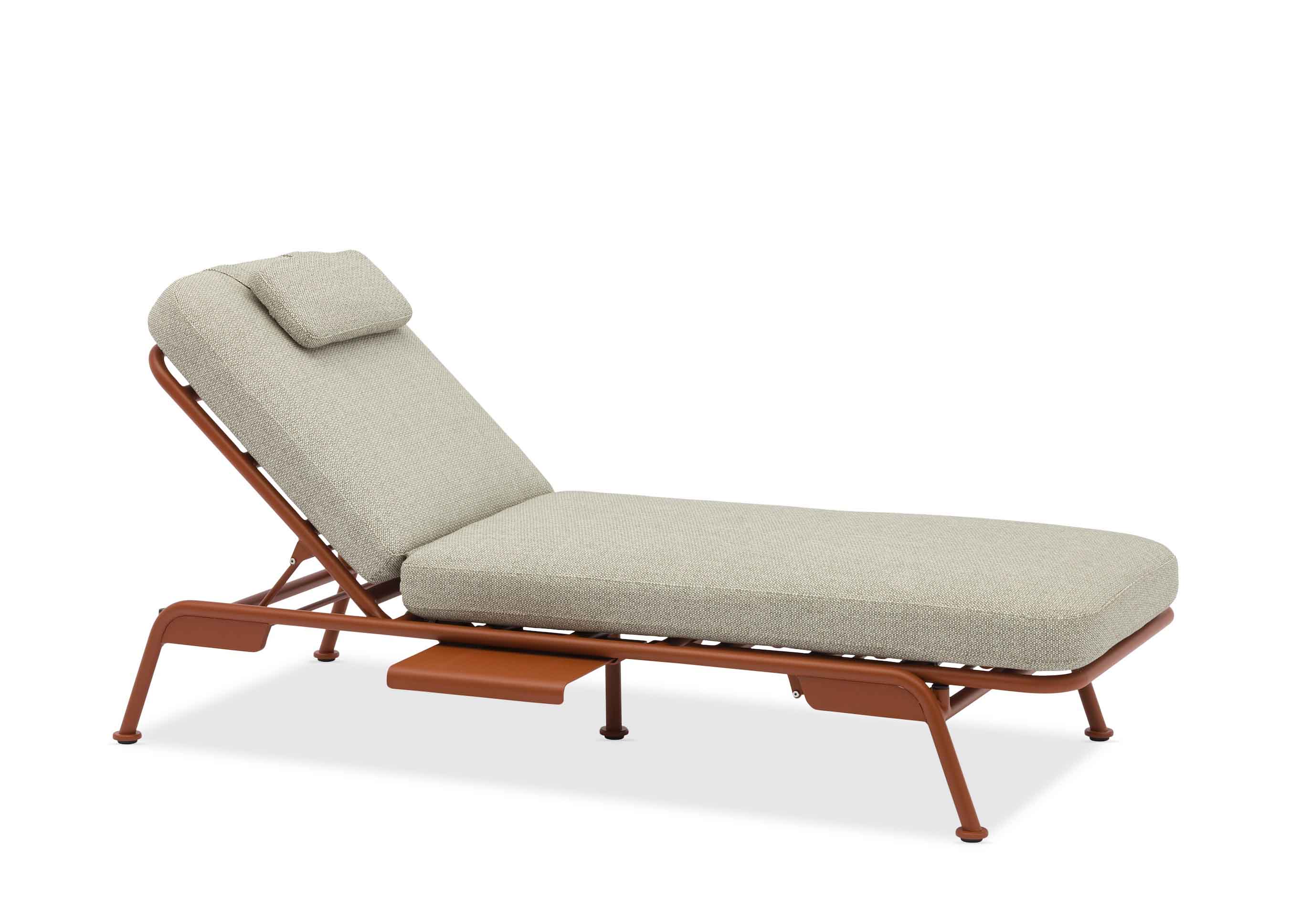 Salon de jardin bain de soleil modulable aluminium terracotta avec coussins beige, design Belge luxe et innovation.