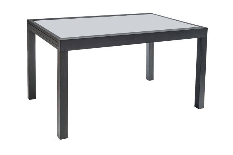 Table extensible en aluminium haut de gamme inoxydable avec plateau fumé, design élégant et gain de place idéal pour petite terrasse.