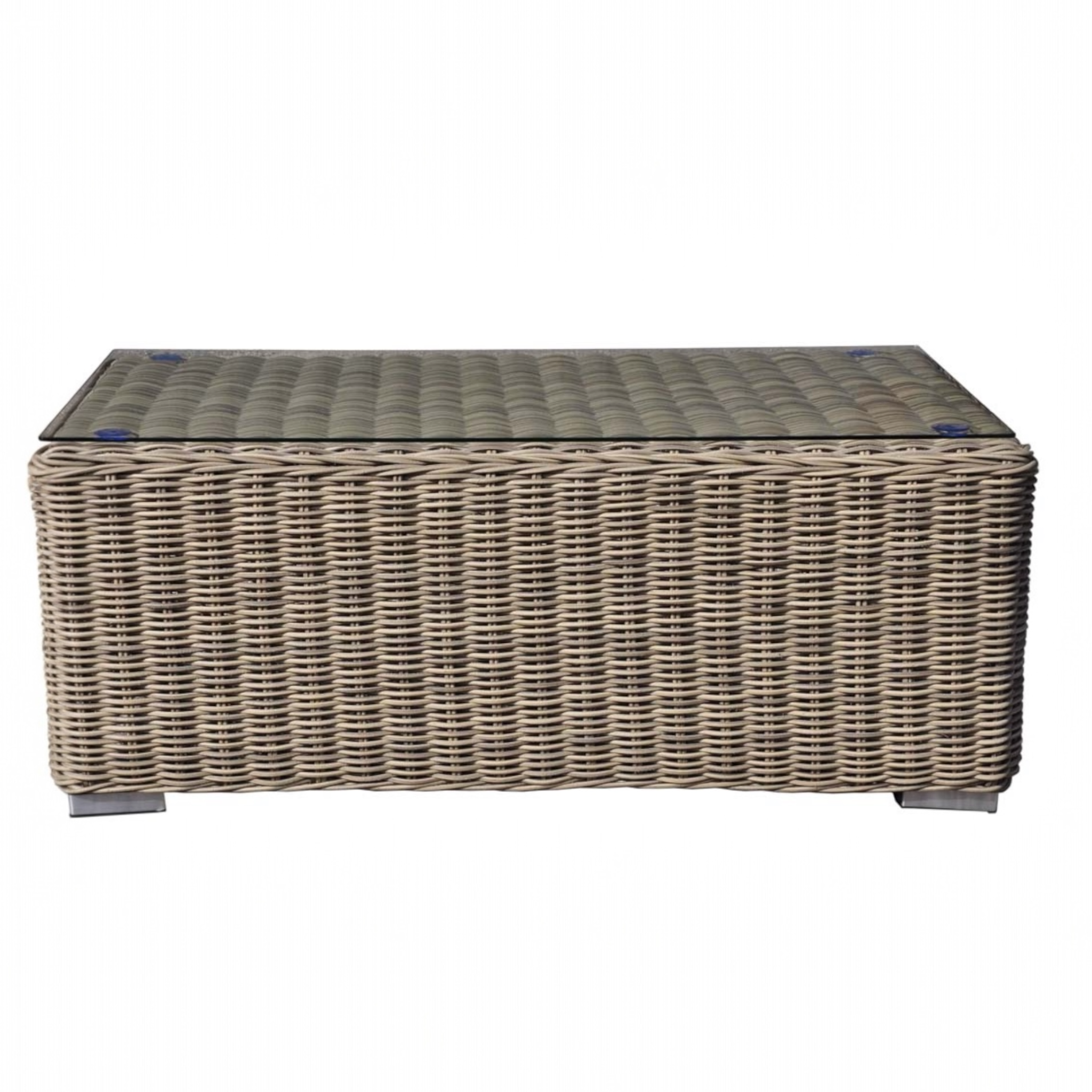 Table basse ronde en résine tressée coloris osier avec plateau verre