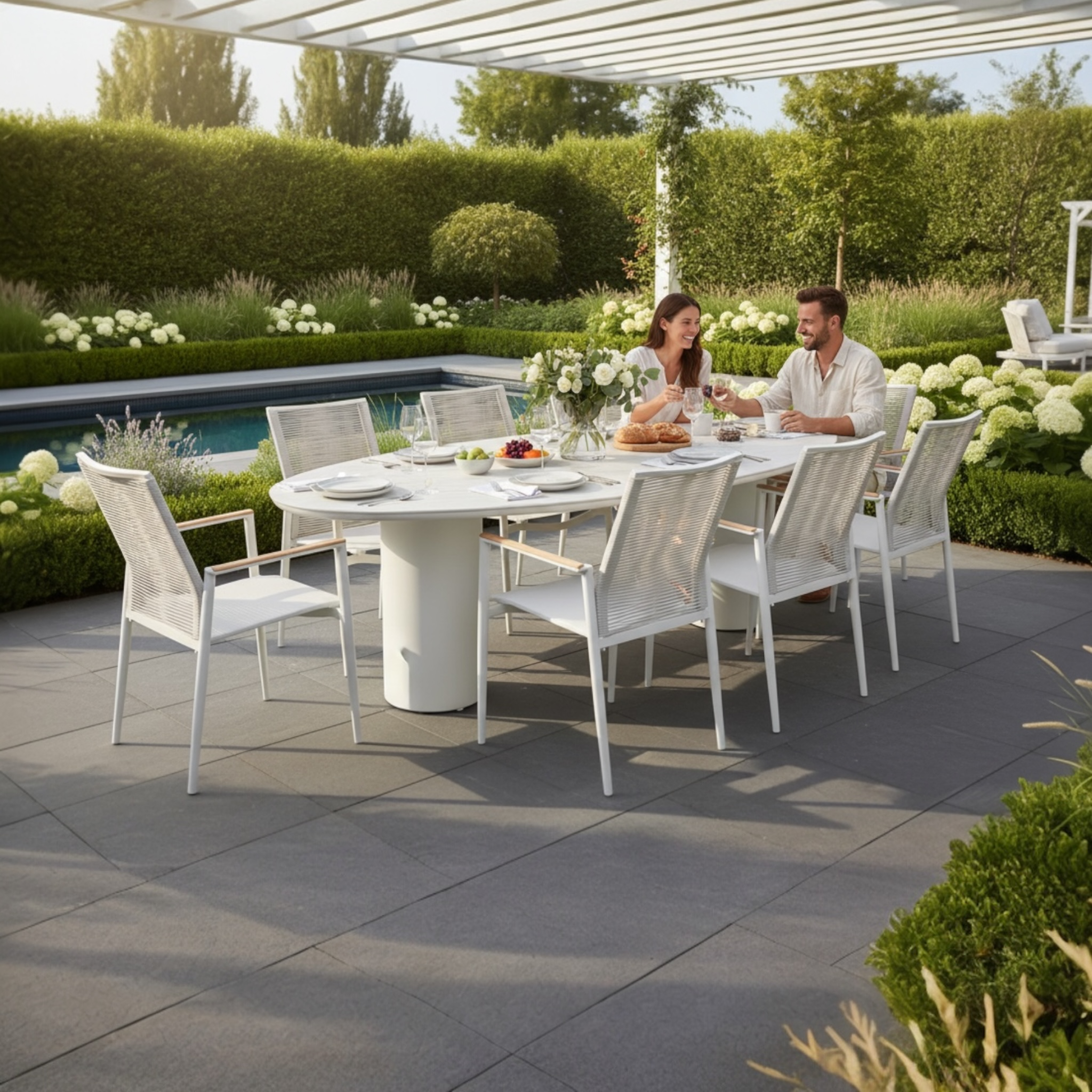 Grande table de jardin de forme ovale avec pied cylindrique en aluminium et plateau en céramique design