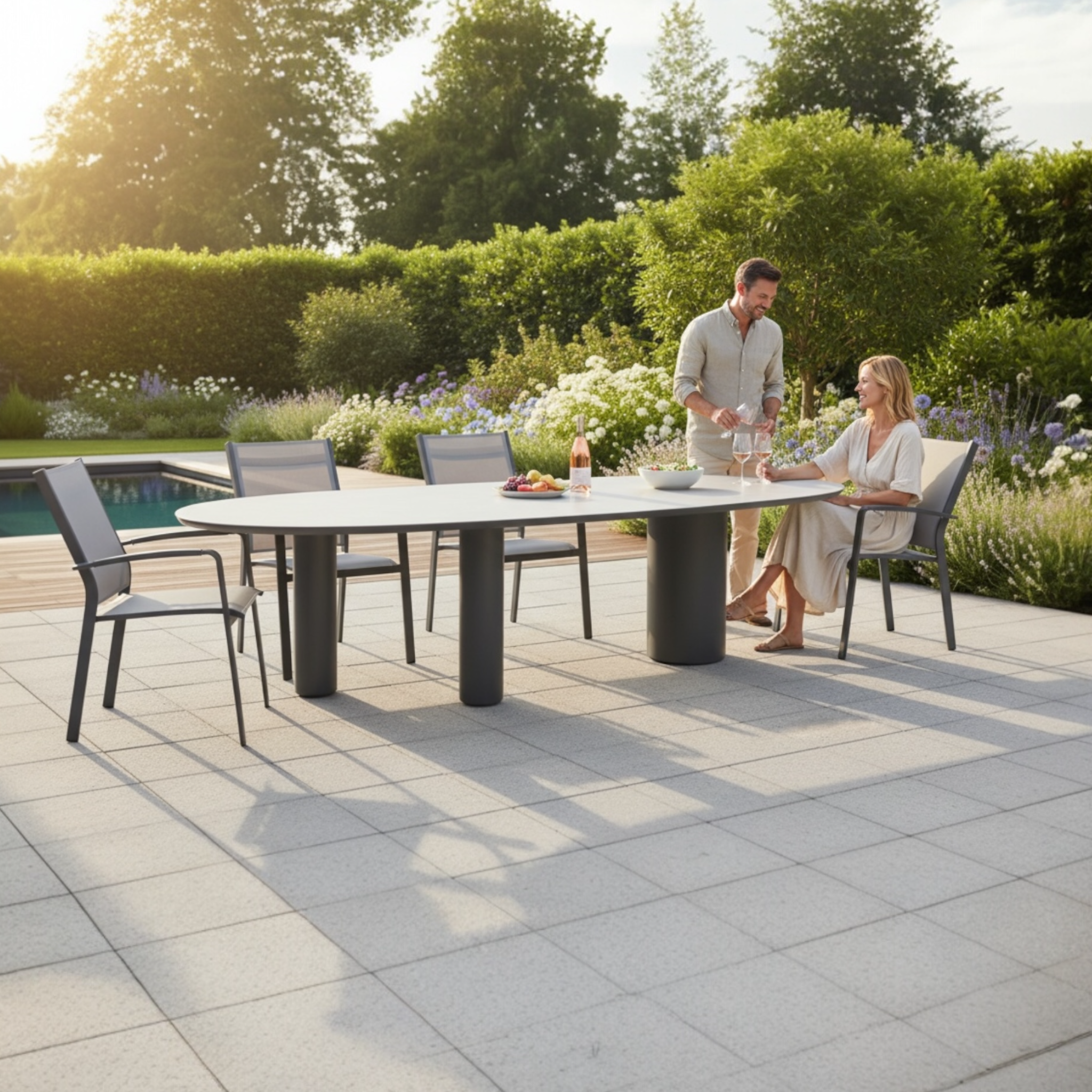 Grande table ovale avec plateau en céramique et pieds cylindriques