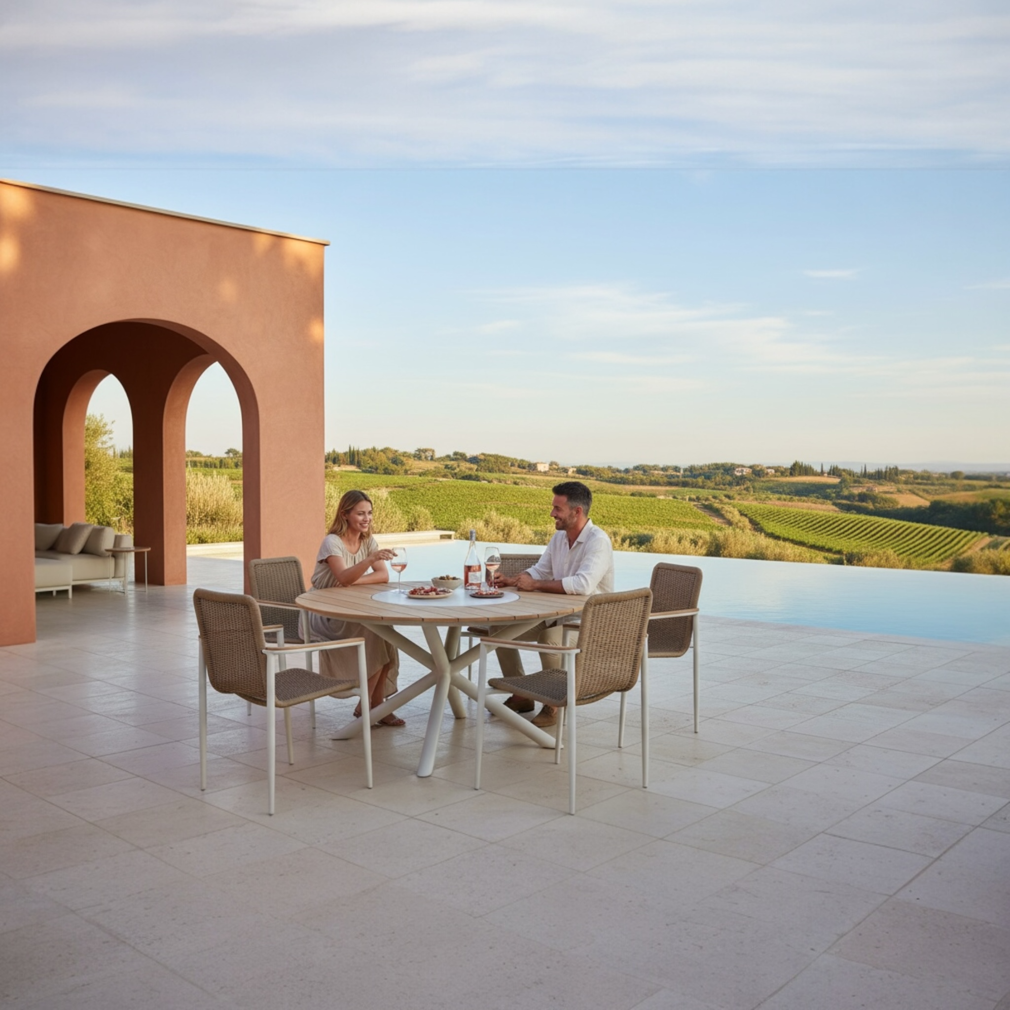 Vue d'ensemble de la table ronde en teck avec plateau céramique tournant