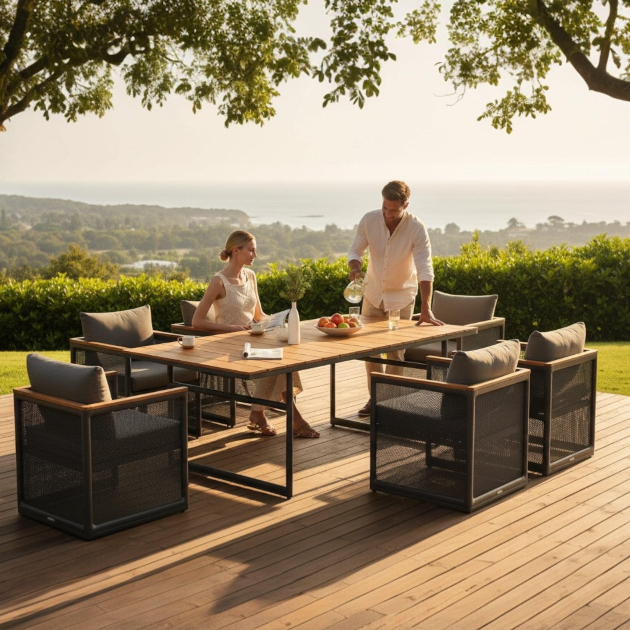 Belle table de jardin avec chaises en aluminium et teck
