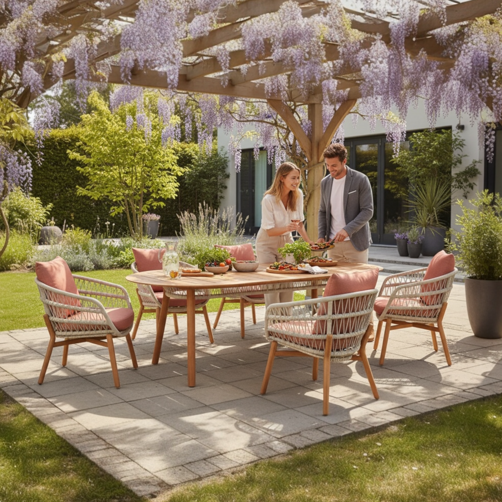 Ensemble repas ROSE en bois et corde, installation extérieure
