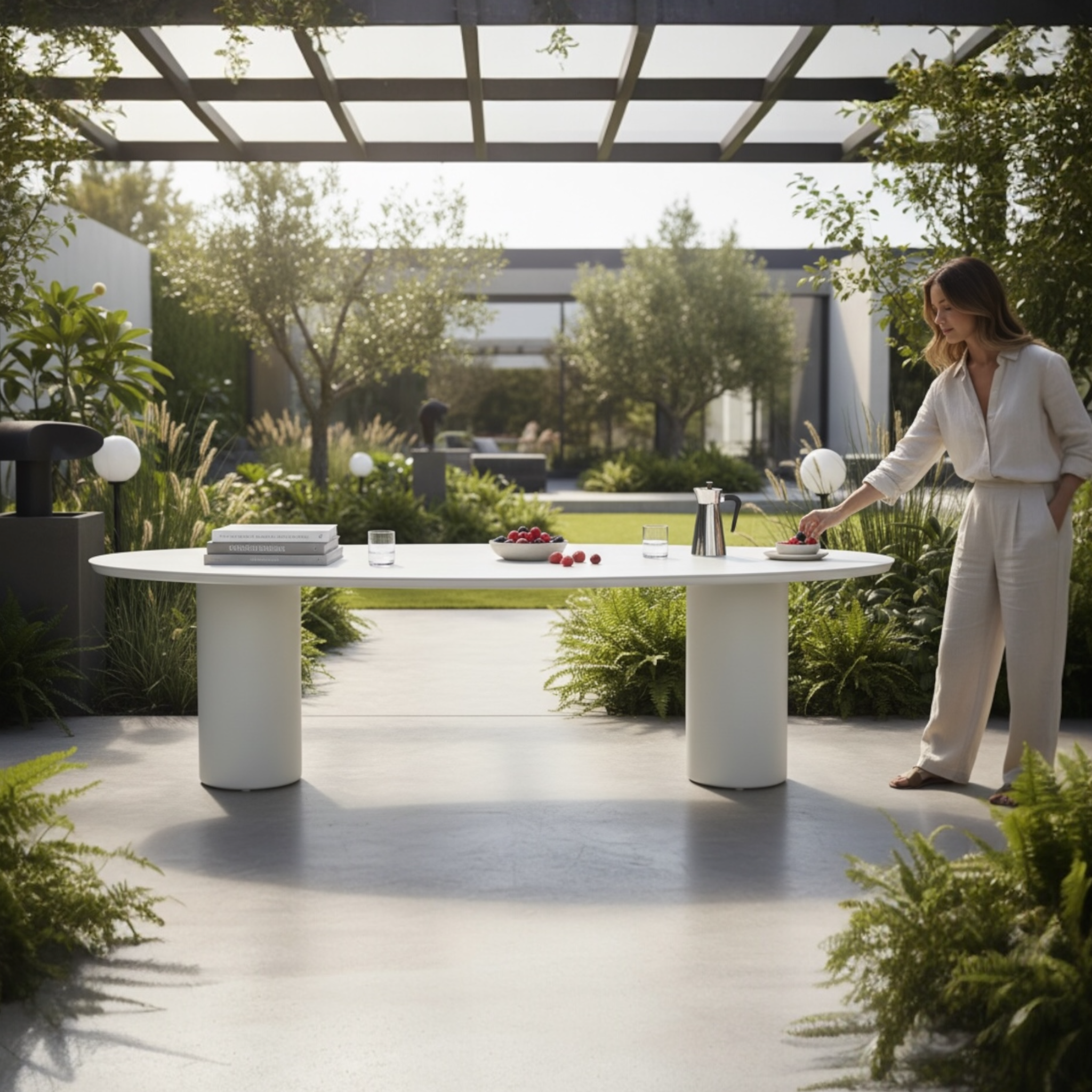 Vue général de la table NINO en exposition sur une terrasse, pieds cylindriques, plateau en céramique haut de gamme.