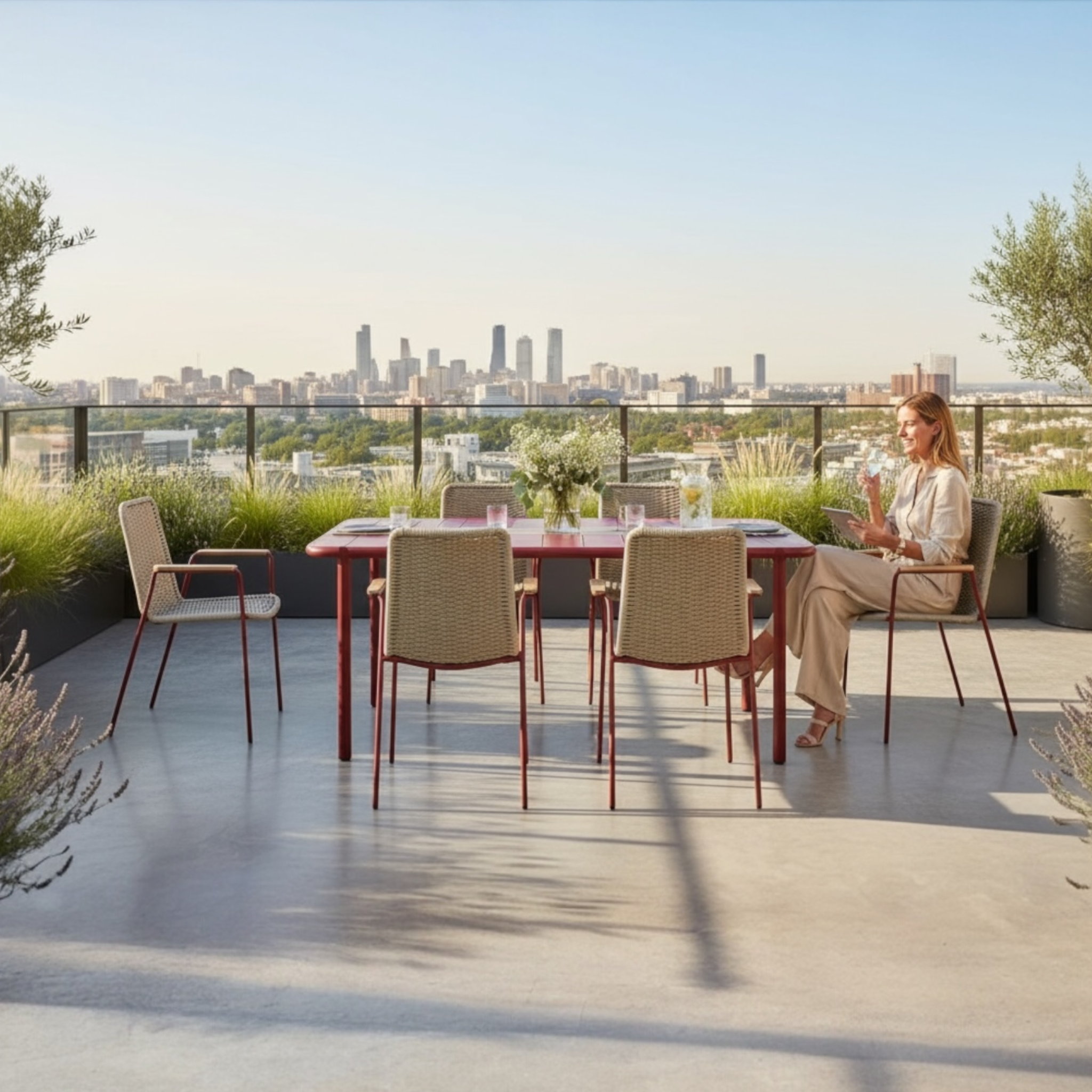 Table de jardin design en aluminium Sarran rouge 6 places.