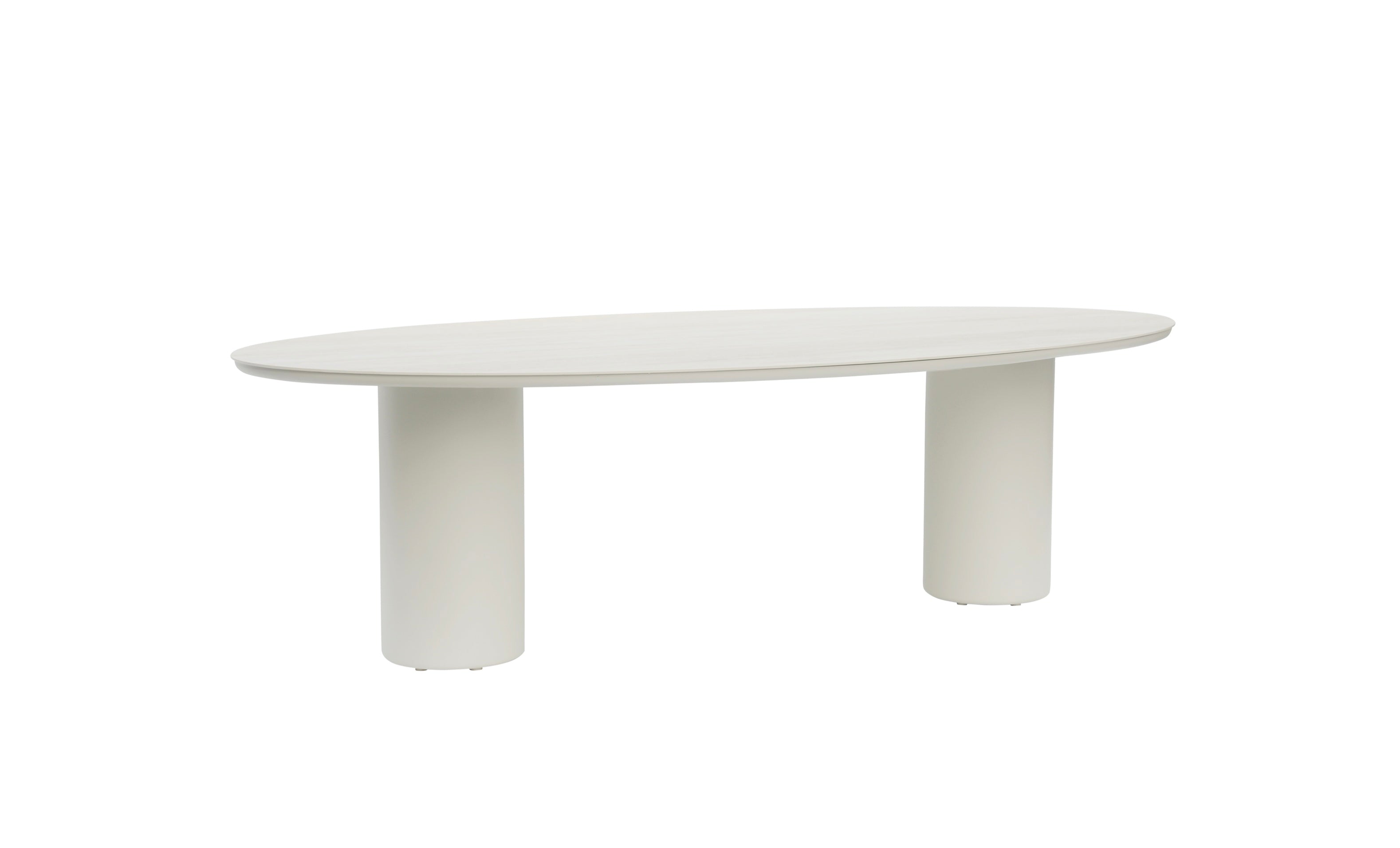 Table NINO sur fond blanc avec détail des pieds cylindrique et de sa structure en aluminium haut de gamme.
