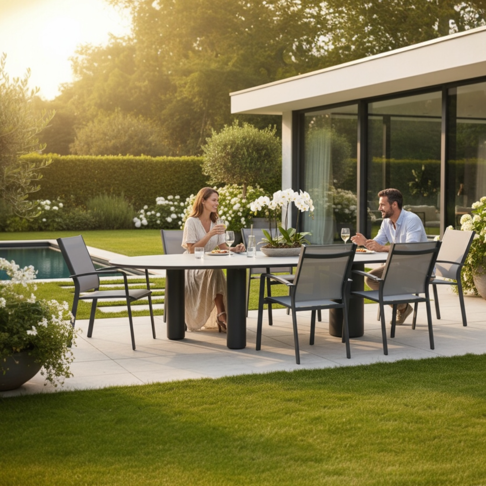 Jolie table ovale avec plateau en céramique et pieds cylindriques en aluminium