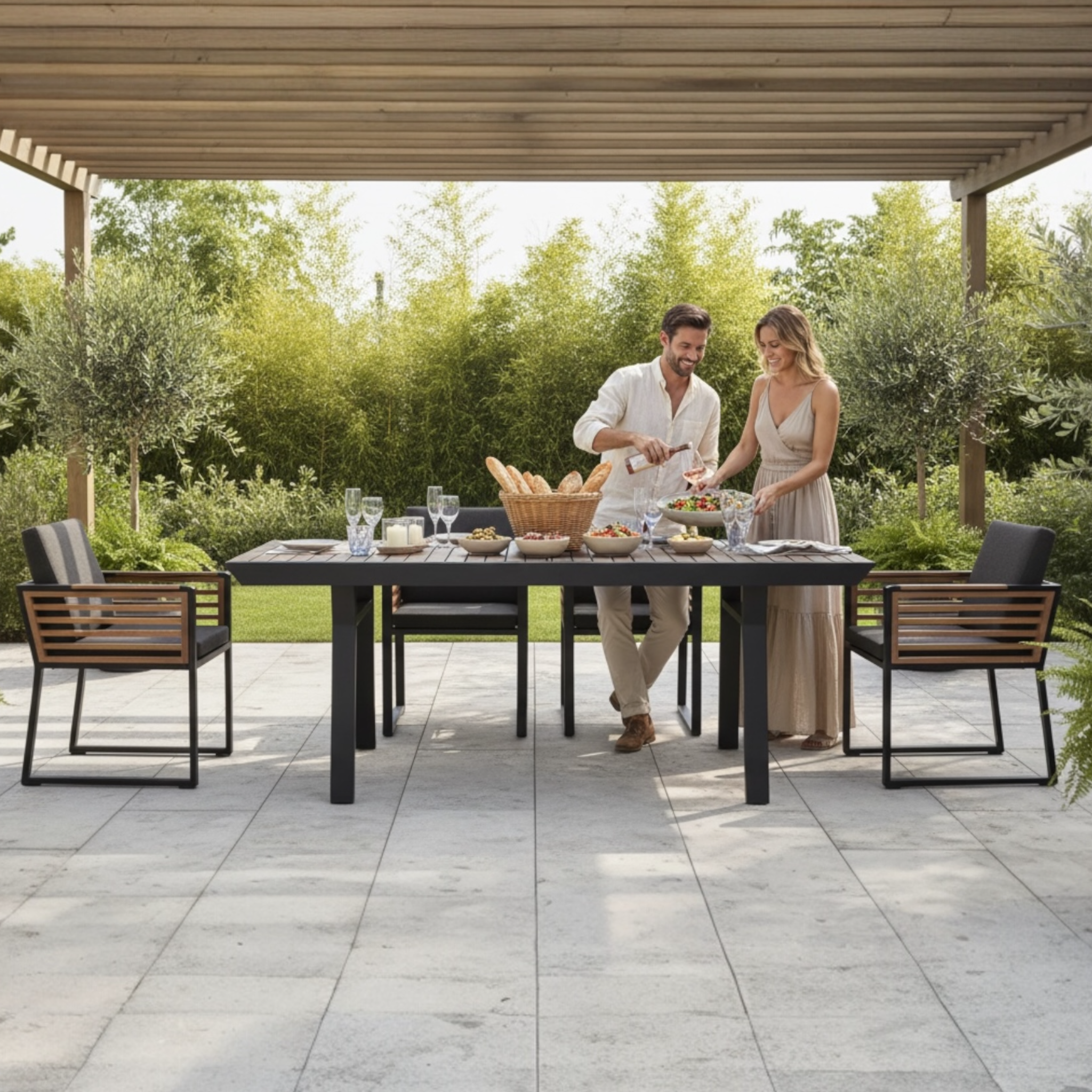 Set repas haut de gamme pour 6 personnes en aluminium et en teck