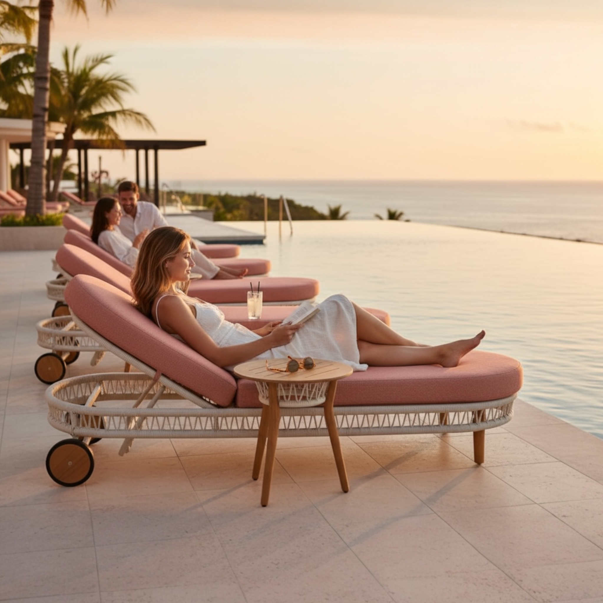 Bain de soleil en corde rose avec structure aluminium