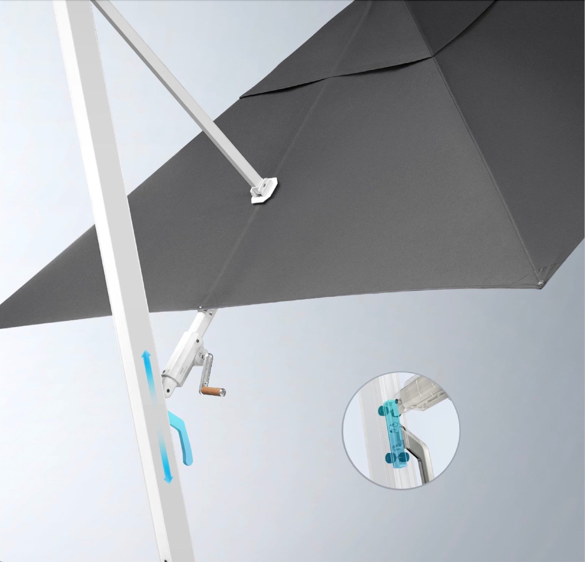 Mécanisme d'inclinaison parasol AILY avec poignée ergonomique, 5 positions réglables et rotation 360° sur structure aluminium blanc.