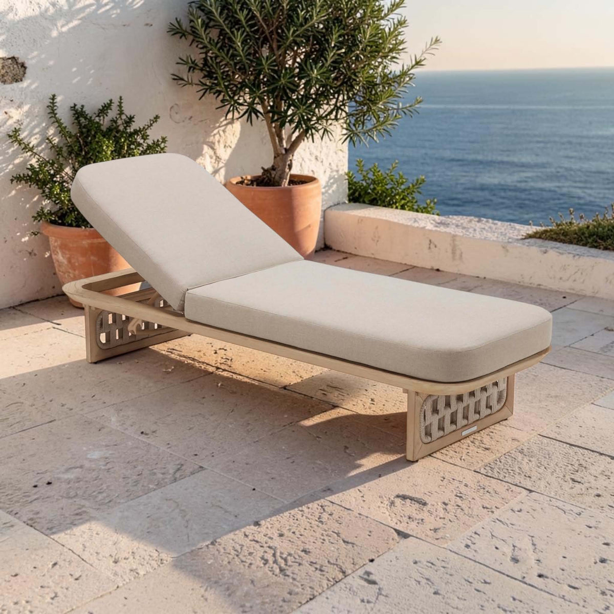 Bain de soleil de jardin PALMA en teck massif et corde tressée, design italien haut de gamme