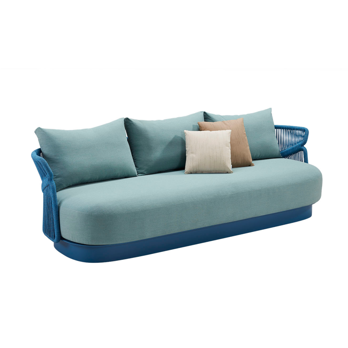 Canapé extérieur 3 places LASKA bleu provençal en aluminium et corde tressée, avec longue assise rembourrée et trois coussins de dossier bleu clair