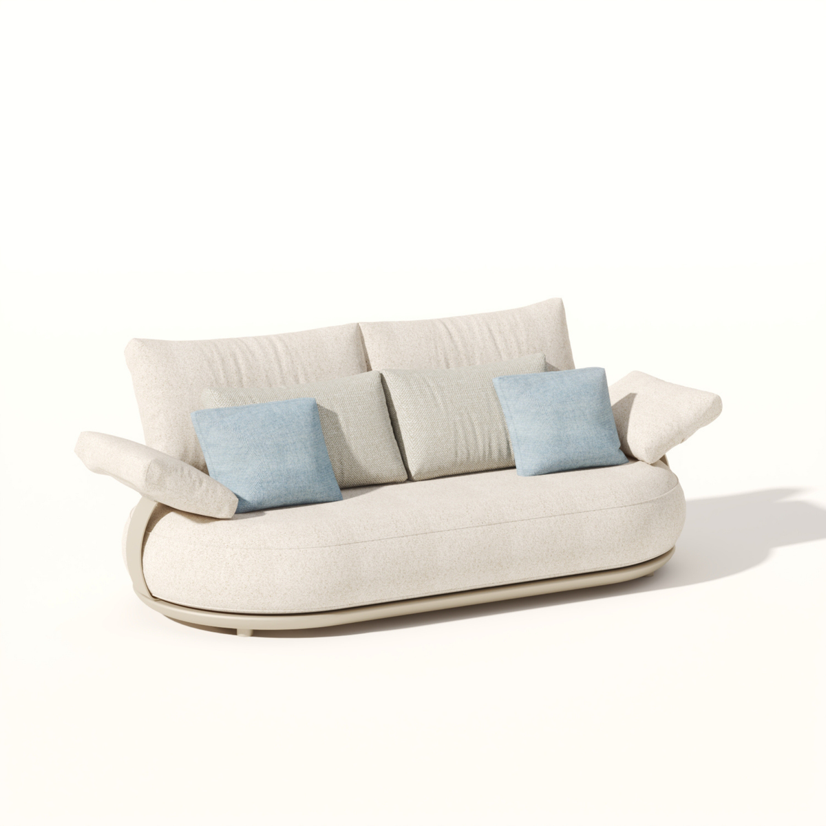 Canapé de jardin 2 places ELYO en aluminium beige, avec coussins couleur sable et lignes arrondies.