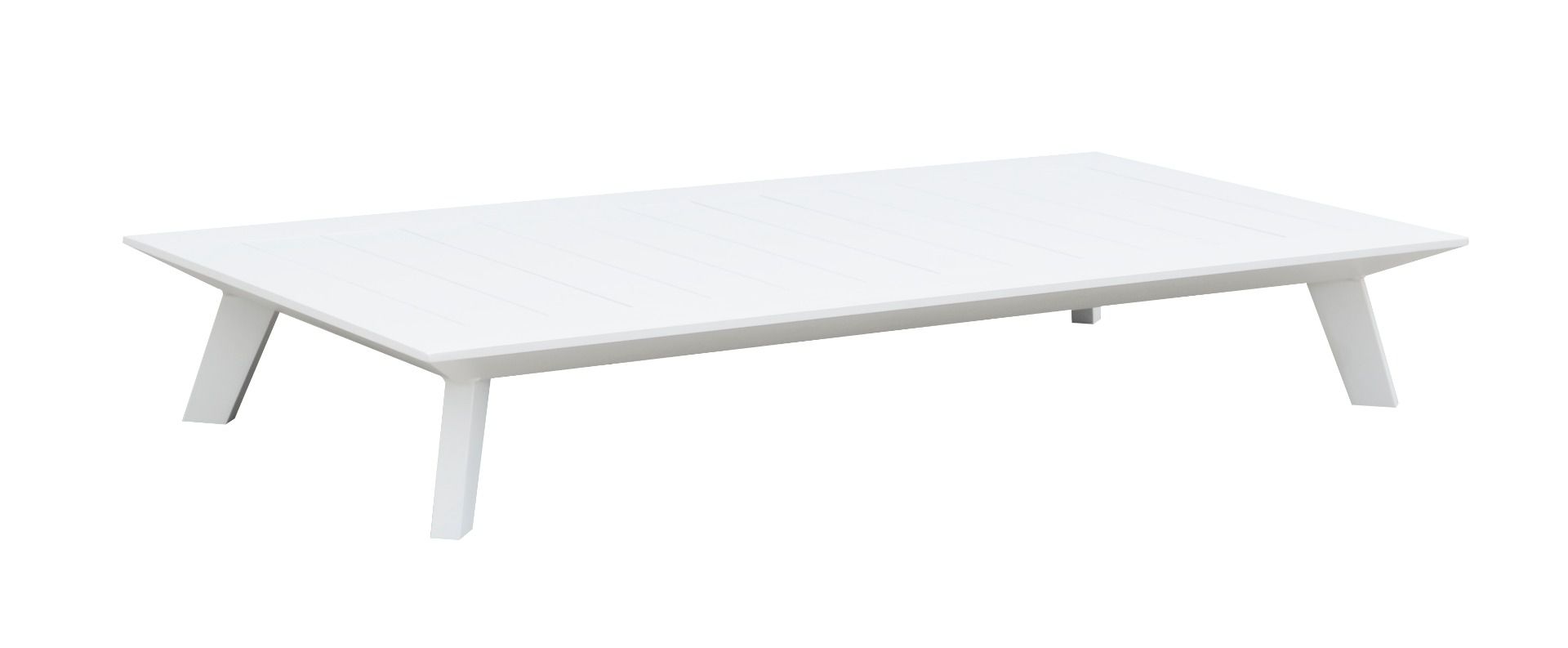 Table basse jardin rectangulaire blanche, structure aluminium inoxydable, design épuré, idéale mobilier terrasse ou petit.