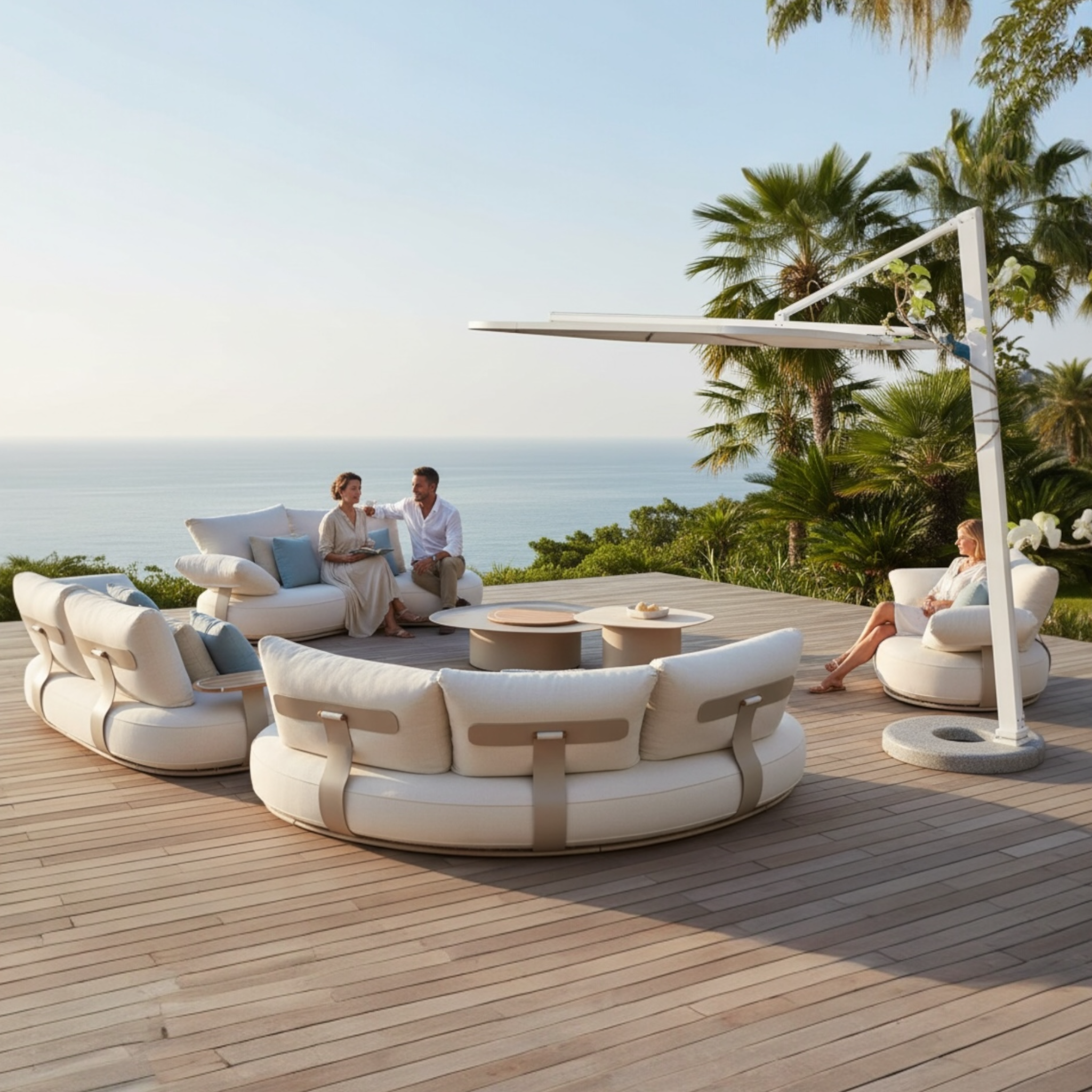 Salon de terrasse ELYO XL modulable avec style organique audacieux, courbes prononcées et structure aluminium 8mm anti-rouille, tables basses assorties