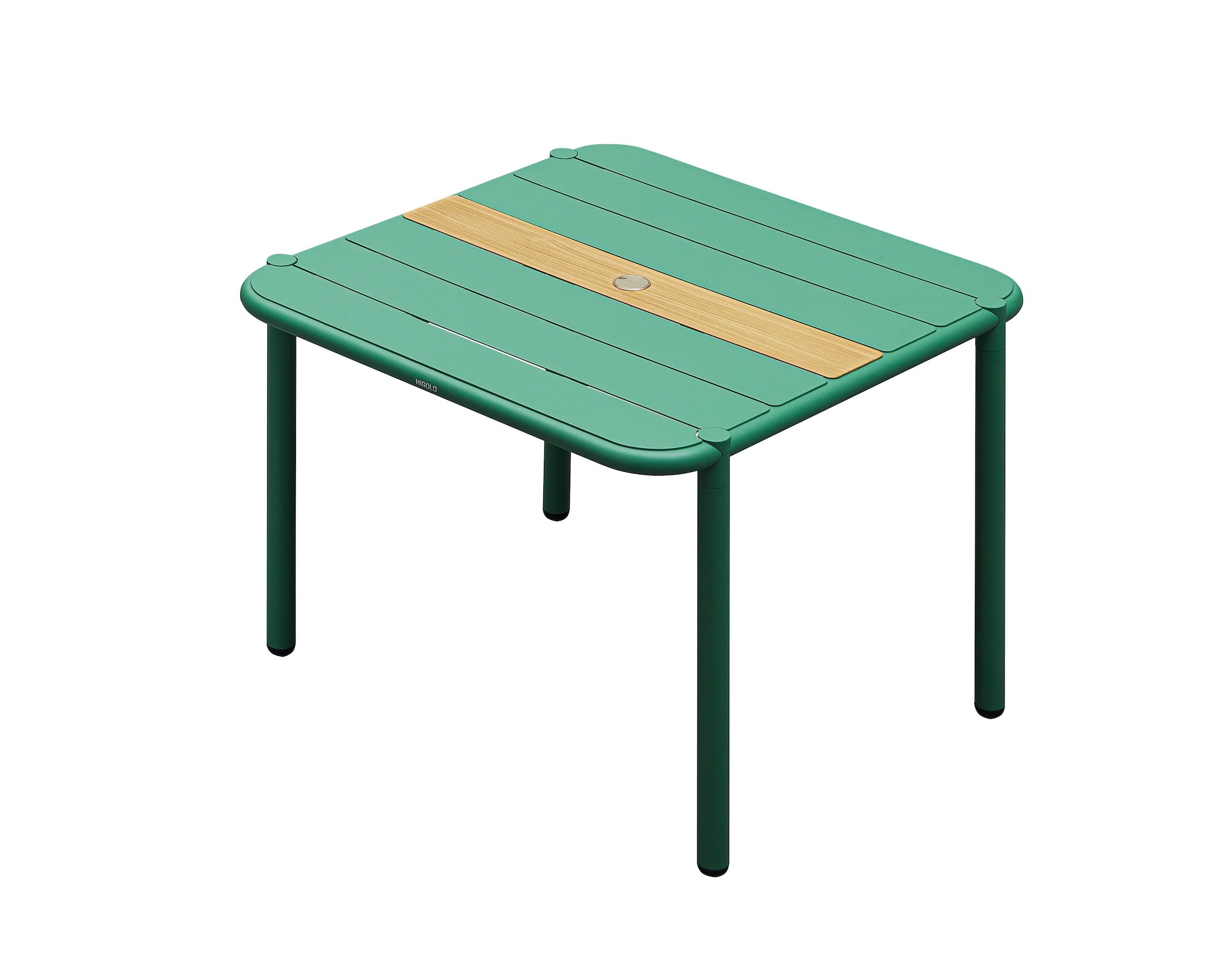 Table carré bistrot en aluminium vert avec insert beige, design haut de gamme, idéal pour terrasse de restaurant, mobilier.