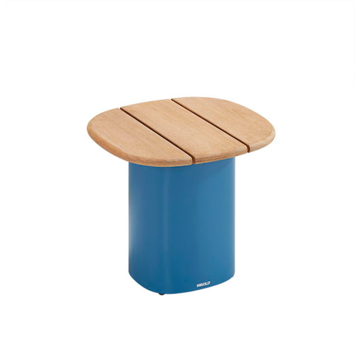 Table d’appoint de jardin LASKA : un plateau arrondi en lattes de bois naturel sur un pied central en aluminium bleu.