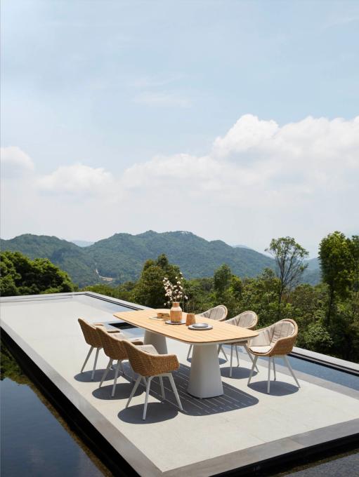 Table repas de jardin haut de gamme en aluminium -  avec plateau en teck - MILO