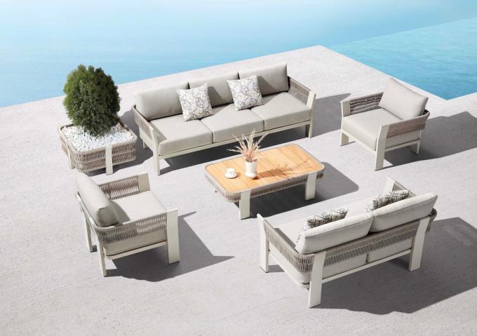 Salon de jardin design en aluminium et corde 7 places - OLBY XL