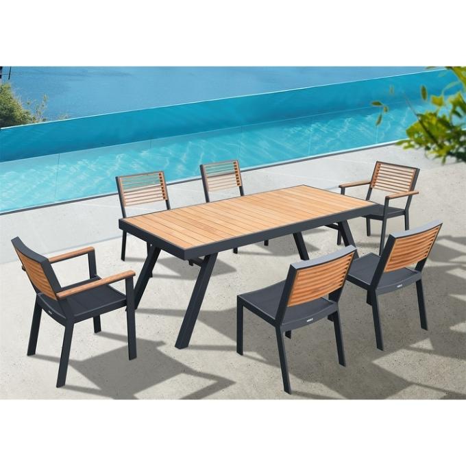 Ensemble repas jardin aluminium et en teck 200X90cm - YORK NOIR