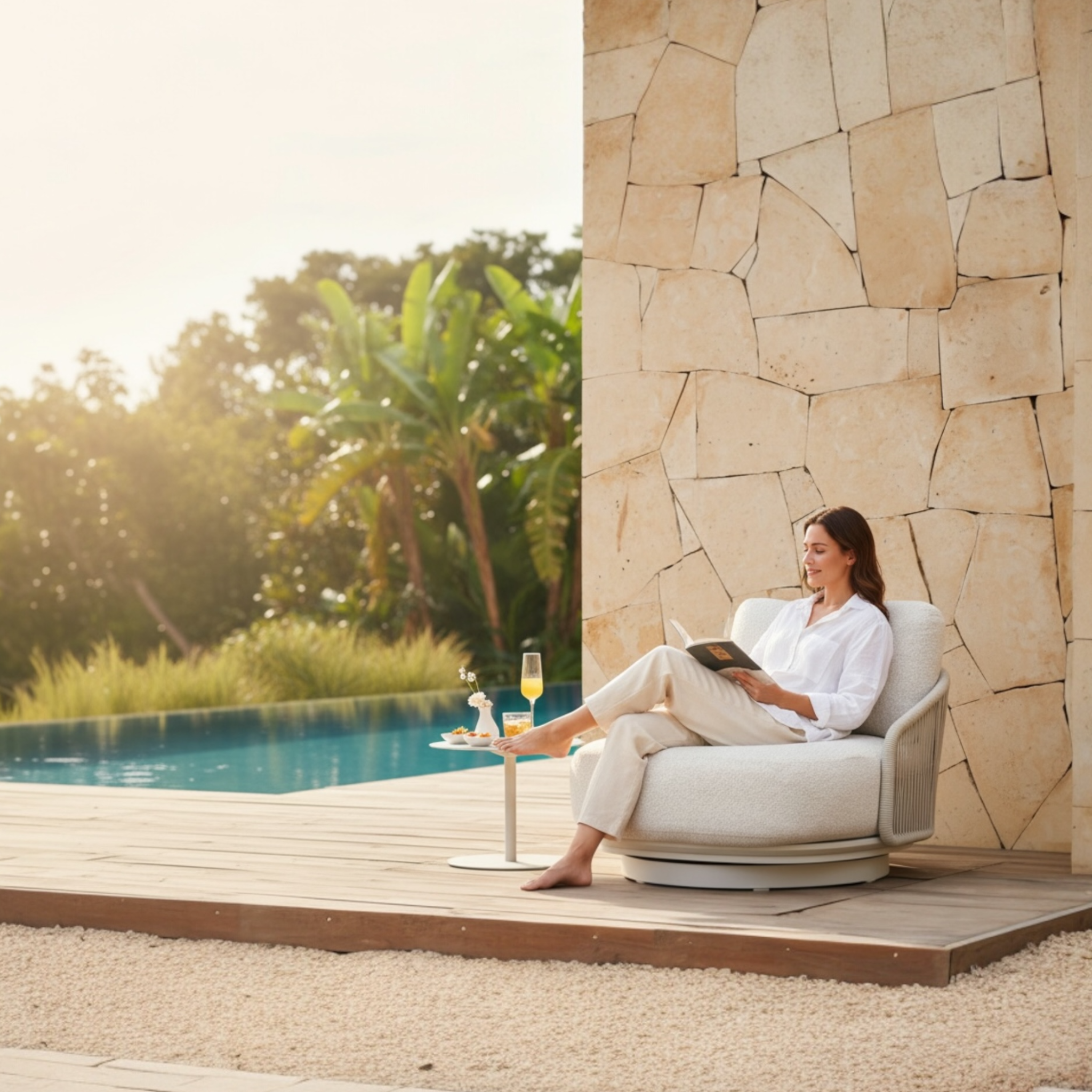 Fauteuil pivotant en aluminium et corde AURA BEIGE