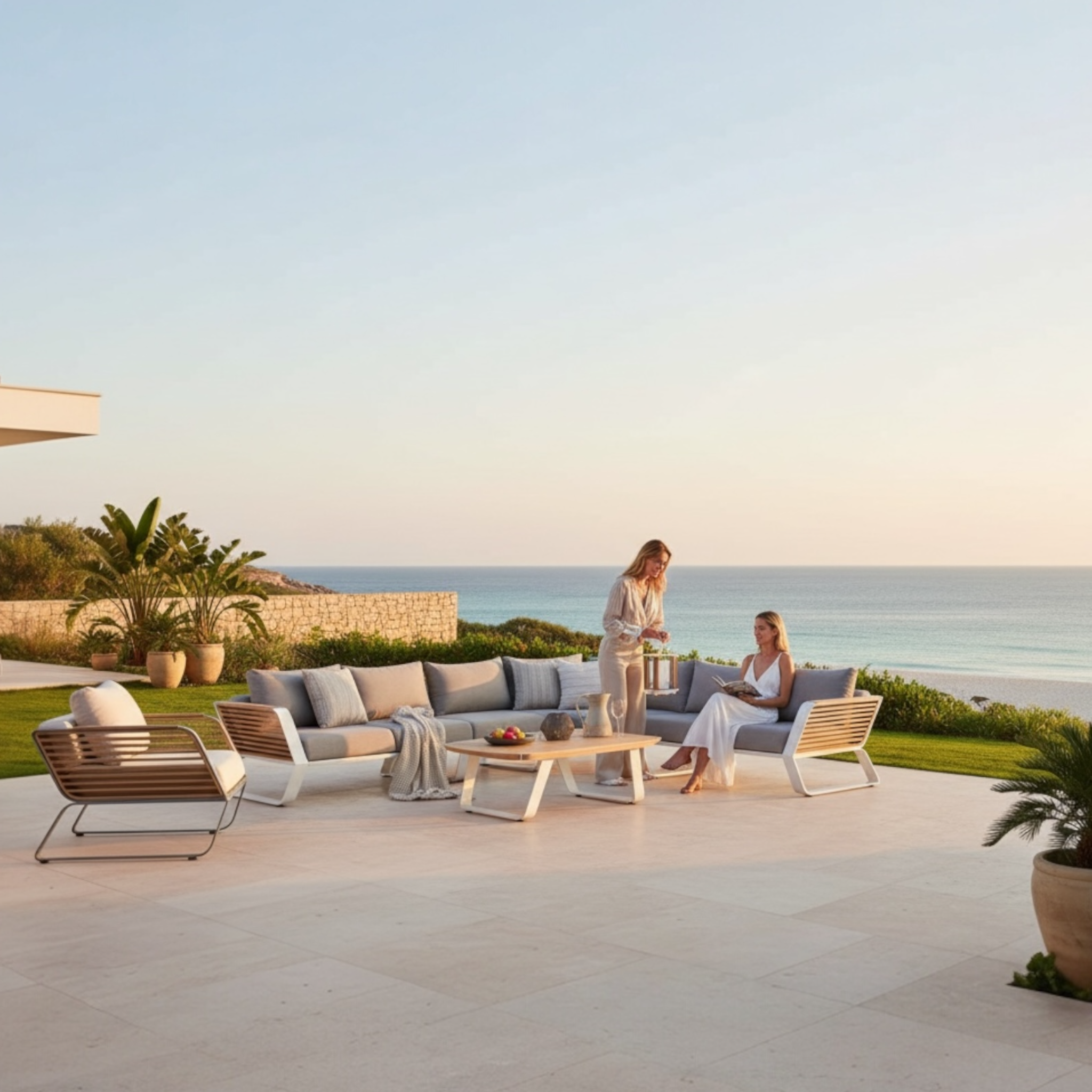 Canapé de jardin d'angle en aluminium et en teck luxe - AILY