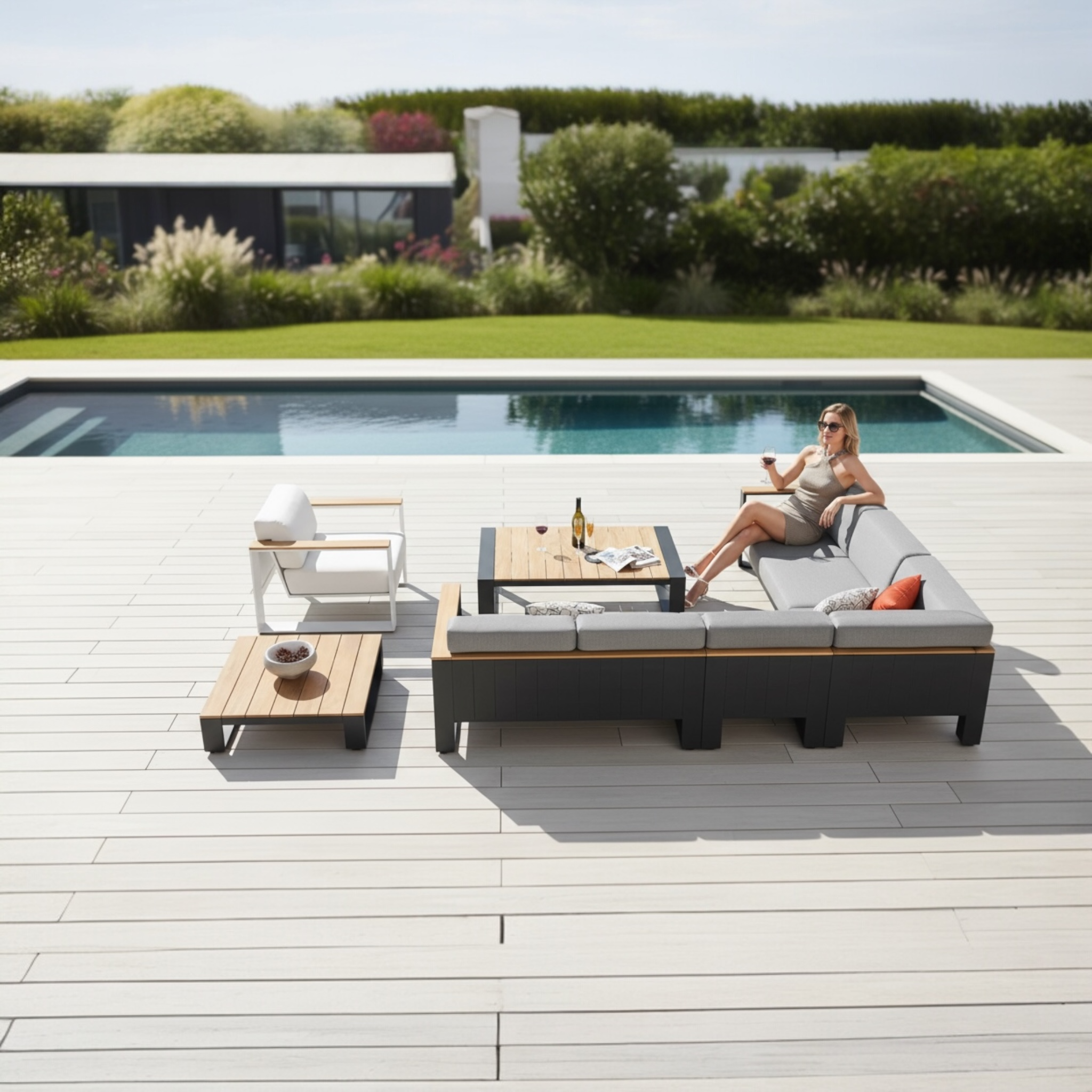 Grand salon de jardin d'angle en aluminium et en teck haut de gamme - SOFY