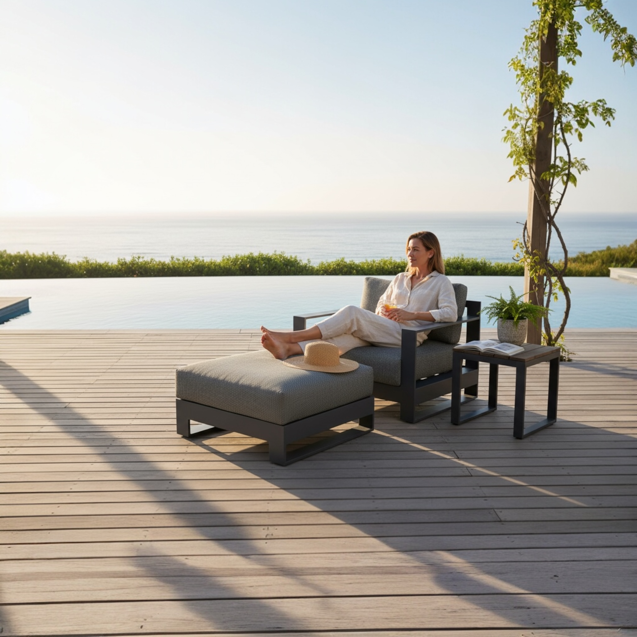 Fauteuil et son repose-pied de jardin design de luxe en aluminium - IRIS NOIR