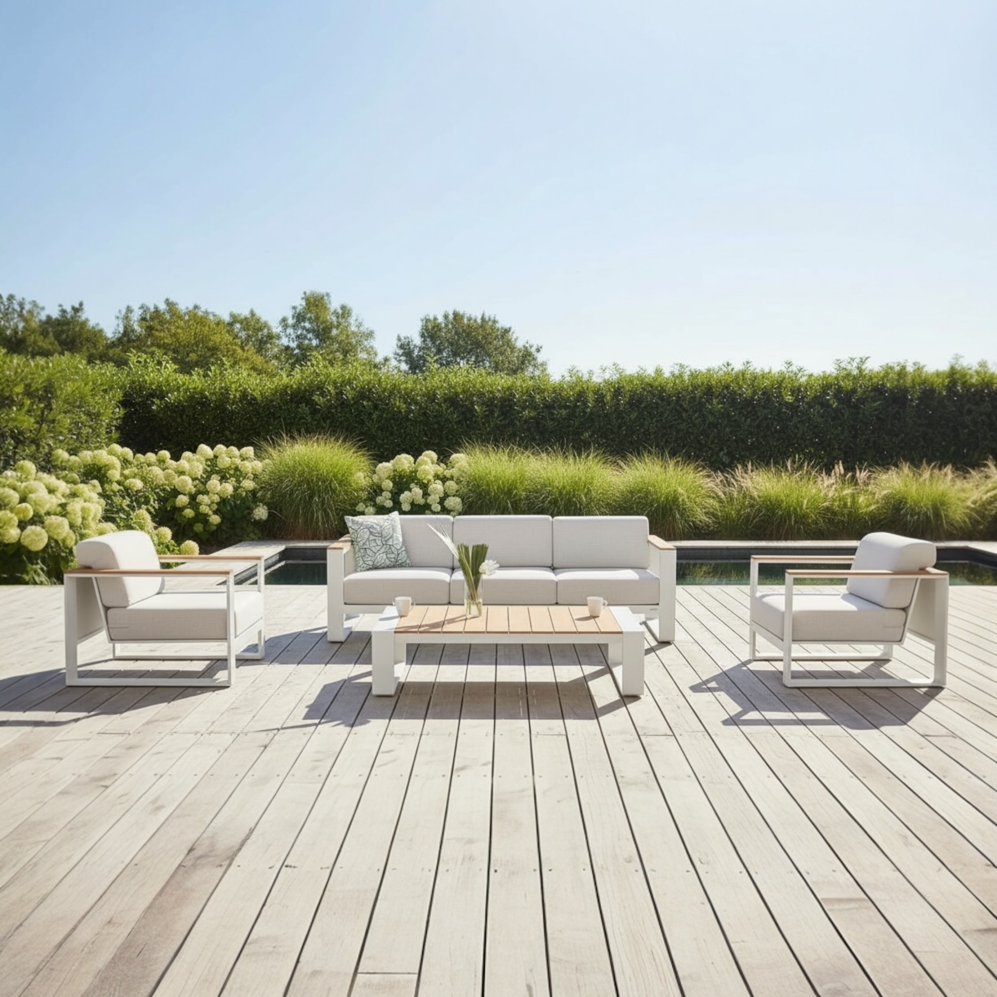 Canapé de jardin haut de gamme en aluminium et en teck - SOFY BLANC