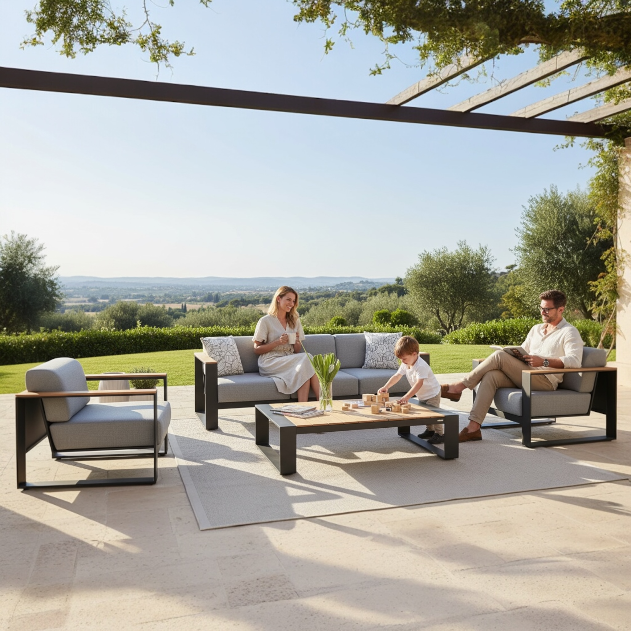 Canapé de jardin luxe en aluminium et en teck - SOFY