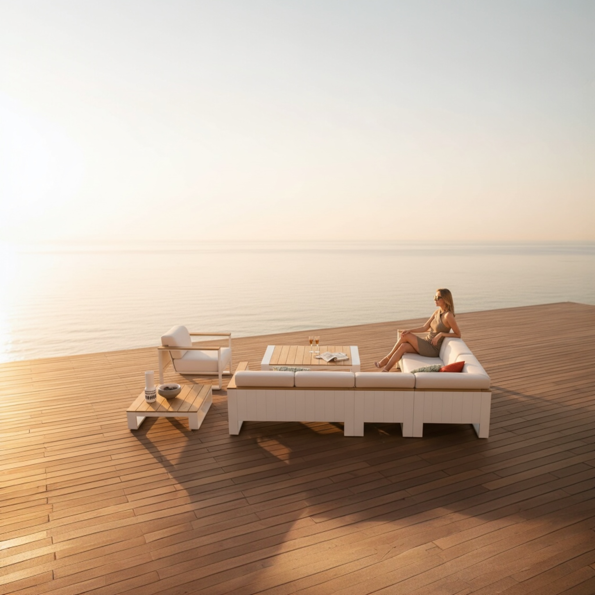 Salon de jardin d'angle en aluminium blanc haut de gamme - SOFY BLANC